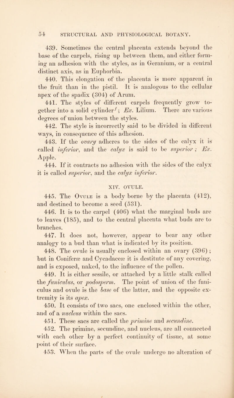 439. Sometimes the central placenta extends beyond the base of the carpels, rising up between them, and either form¬ ing an adhesion with the styles, as in Geranium, or a central distinct axis, as in Euphorbia. 440. This elongation of the placenta is more apparent in the fruit than in the pistil. It is analogous to the cellular apex of the spadix (304) of Arum. 441. The styles of different carpels frequently grow to¬ gether into a solid cylinder-^; Ex. Lilium. There are various degrees of union between the styles. 442. The style is incorrectly said to be divided in different ways, in consequence of this adhesion. 443. If the ovary adheres to the sides of the calyx it is called inferior, and the calyx is said to be superior ; Ex. Apple. 444. If it contracts no adhesion with the sides of the calyx it is called superior, and the calyx inferior. XIY. OVULE. 445. The Ovule is a body borne by the placenta (412), and destined to become a seed (531). 446. It is to the carpel (406) what the marginal buds are to leaves (185), and to the central placenta what buds are to branches. 447. It does not, however, appear to bear any other analogy to a bud than what is indicated by its position. 448. The ovule is usually enclosed within an ovary (396) ; but in Ooniferse and Cycadacese it is destitute of any covering, and is exposed, naked, to the influence of the pollen. 449. It is either sessile, or attached by a little stalk called the funiculus, or podosperm. The point of union of the funi¬ culus and ovule is the base of the latter, and the opposite ex¬ tremity is its apex. 450. It consists of two sacs, one enclosed within the other, and of a nucleus within the sacs. 451. These sacs are called the primine and secundine. 452. The primine, secundine, and nucleus, are all connected with each other by a perfect continuity of tissue, at some point of their surface. 453. When the parts of the ovule undergo no alteration of