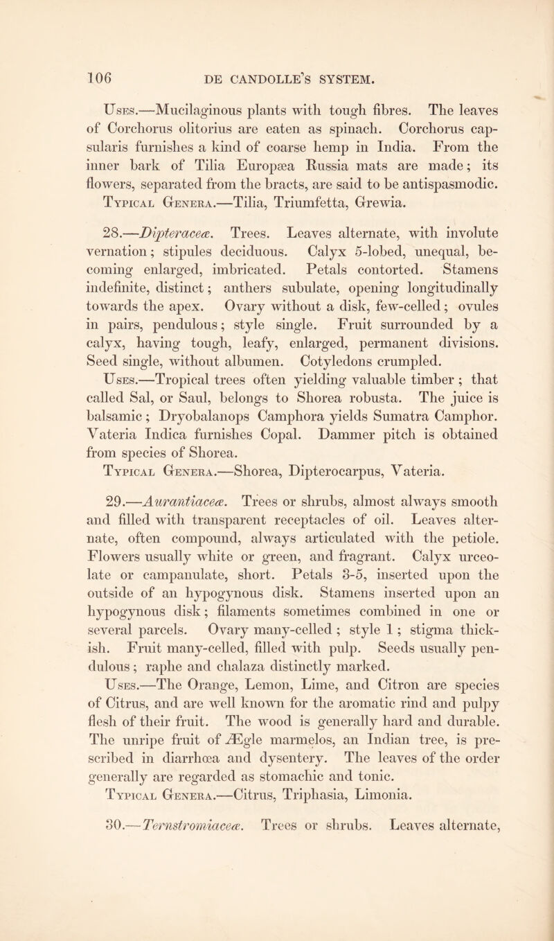 Uses.—Mucilaginous plants with tough fibres. The leaves of Corchorus olitorius are eaten as spinach. Corchorus cap- sularis furnishes a kind of coarse hemp in India. From the inner hark of Tilia Europsea Russia mats are made; its flowers, separated from the bracts, are said to be antispasmodic. Typical Genera.—Tilia, Triumfetta, Grewia. 28. —Dipteracea. Trees. Leaves alternate, with involute vernation; stipules deciduous. Calyx 5-lobed, unequal, be¬ coming enlarged, imbricated. Petals contorted. Stamens indefinite, distinct; anthers subulate, opening longitudinally towards the apex. Ovary without a disk, few-cellecl; ovules in pairs, pendulous; style single. Fruit surrounded by a calyx, having tough, leafy, enlarged, permanent divisions. Seed single, without albumen. Cotyledons crumpled. Uses.—-Tropical trees often yielding valuable timber ; that called Sal, or Saul, belongs to Shorea robusta. The juice is balsamic; Dryobalanops Camphora yields Sumatra Camphor. Vateria Inclica furnishes Copal. Dammer pitch is obtained from species of Shorea. Typical Genera.-—-Shorea, Dipterocarpus, Vateria. 29. —Aurantiacece. Trees or shrubs, almost always smooth and filled with transparent receptacles of oil. Leaves alter¬ nate, often compound, always articulated with the petiole. Flowers usually white or green, and fragrant. Calyx urceo- late or campanulate, short. Petals 8-5, inserted upon the outside of an hypogynous disk. Stamens inserted upon an hypogynous disk; filaments sometimes combined in one or several parcels. Ovary many-celled ; style 1; stigma thick- ish. Fruit many-celled, filled with pulp. Seeds usually pen¬ dulous ; raphe and chalaza distinctly marked. Uses.—The Orange, Lemon, Lime, and Citron are species of Citrus, and are well known for the aromatic rind and pulpy flesh of their fruit. The wood is generally hard and durable. The unripe fruit of MCgle marmelos, an Indian tree, is pre¬ scribed in diarrhoea and dysentery. The leaves of the order generally are regarded as stomachic and tonic. Typical Genera.—Citrus, Triphasia, Limonia. 80.— Ternstromiacea. Trees or shrubs. Leaves alternate,