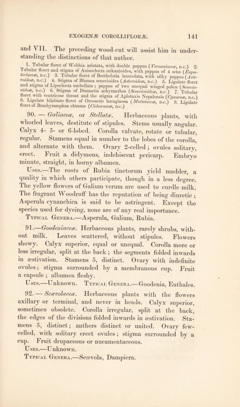 and VII. The preceding wood-cut will assist him in under¬ standing the distinctions of that author. Tubular floret of W ebbia aristata, with double pappus ( ^ernoniacece, d.c.) 2. Tubular floret and stigma of Anisochseta mikanioides, with pappus of 4 setae (Eupa- toriacece, d.c.) 3. Tubular floret of Berthelotia lanceolata, with silky pappus (Aste- roidete, d.c.) 4. Stigma of Blumea senecioides (Asteroidece, d.c.) 5. Ligulate floret and stigma of Lipochaeta umbellata ; pappus of two unequal winged palem (Senecio- nidece, d.c.) 6. Stigma of Dunantia achyranthes (Senecionidece, d.c.) 7. Tubular floret with ventricose throat and the stigma of Aplotaxis Nepalensis (Cynarece, d.c.) 8. Ligulate bilabiate floret of Oreoseris lanuginosa (Mutisiacece, d.c.) 9. Ligulate floret of Brachyramphus obtusus (Cichoracecs, d.c.) 90. -— Galiacete, or Stellate. Herbaceous plants, with whorled leaves, destitute of stipules. Stems usually angular. Calyx 4- 5- or 6-lobed. Corolla valvate, rotate or tubular, regular. Stamens equal in number to the lobes of the corolla, and alternate with them. Ovary 2-celled ; ovules solitary, erect. Fruit a didymous, indehiscent pericarp. Embryo minute, straight, in horny albumen. Uses.—The roots of Rubia tinctorum yield madder, a quality in which others participate, though in a less degree. The yellow flowers of Galium verum are used to curdle milk. The fragrant Woodruff has the reputation of being diuretic ; Asperula cynanchica is said to be astringent. Except the species used for dyeing, none are of any real importance. Typical Genera.—-Asperula, Galium, Rubia. 91. —Goodeniacea. Herbaceous plants, rarely shrubs, with¬ out milk. Leaves scattered, without stipules. Flowers showy. Calyx superior, equal or unequal. Corolla more or less irregular, split at the back; the segments folded inwards in sestivation. Stamens 5, distinct. Ovary with indefinite ovules; stigma surrounded by a membranous cup. Fruit a capsule ; albumen fleshy. Uses.—Unknown. Typical Genera.—Goodenia, Euthales. 92. — Scavolacea. Herbaceous plants with the flowers axillary or terminal, and never in heads. Calyx superior, sometimes obsolete. Corolla irregular, split at the back, the edges of the divisions folded inwards in sestivation. Sta¬ mens 5, distinct; anthers distinct or united. Ovary few- celled, with solitary erect ovules ; stigma surrounded by a cup. Fruit drupaceous or nucamentaceous. U ses.—U nknown. Typical Genera.—Scsevola, Dampiera.