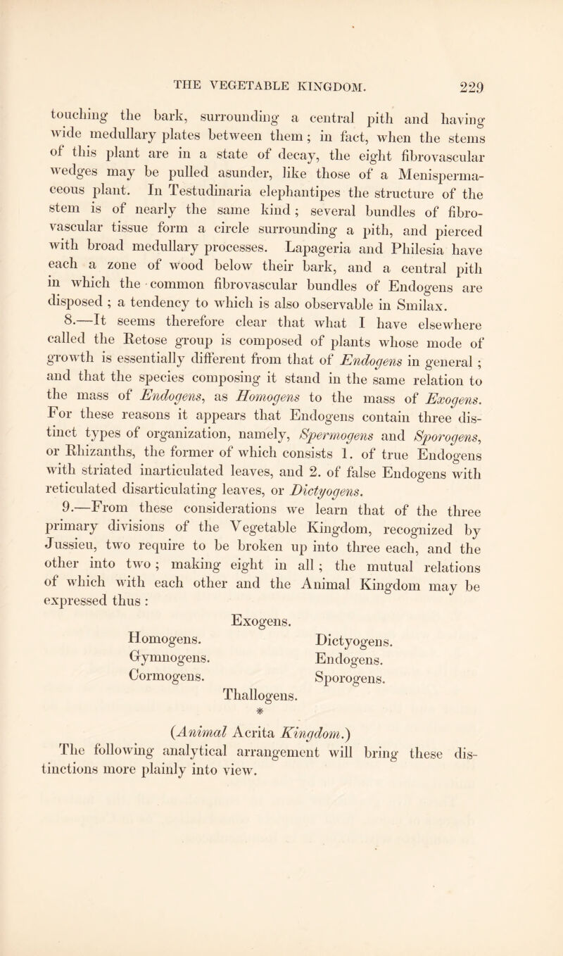 touching the bark, surrounding a central pith and having uide medullary plates between them; in fact, when the stems of this plant are in a state of decay, the eight fibrovascular wedges may be pulled asunder, like those of a Menisperma- ceous plant. In Testudinaria elephantipes the structure of the stem is of nearly the same kind; several bundles of fibro¬ vascular tissue form a circle surrounding a pith, and pierced with broad medullary processes. Lapageria and Philesia have each a zone of wood below their bark, and a central pith in which the common fibrovascular bundles of Endogens are disposed ; a tendency to which is also observable in Smilax. 8. —It seems therefore clear that what I have elsewhere called the Retose group is composed of plants whose mode of growth is essentially different from that of Endogens in general ; and that the species composing it stand in the same relation to the mass of Endogens, as Homogens to the mass of Exogens. For these reasons it appears that Endogens contain three dis¬ tinct types of organization, namely, Spermogens and Sporogens, or Rhizanths, the former of which consists 1. of true Endogens with striated inarticulated leaves, and 2. of false Endogens with reticulated disarticulating leaves, or Dietyoqens. 9. —From these considerations w^e learn that of the three primary divisions of the Vegetable Kingdom, recognized by Jussieu, two require to be broken up into three each, and the other into two; making eight in all ; the mutual relations of which with each other and the Animal Kingdom may be expressed thus : Exogens. Homogens. Dictyogens. Gfymnogens. Endogens. Cormogens. Sporogens. Thallogens. * (Animal Acrita Kingdom.) The following analytical arrangement will bring these dis¬ tinctions more plainly into view.