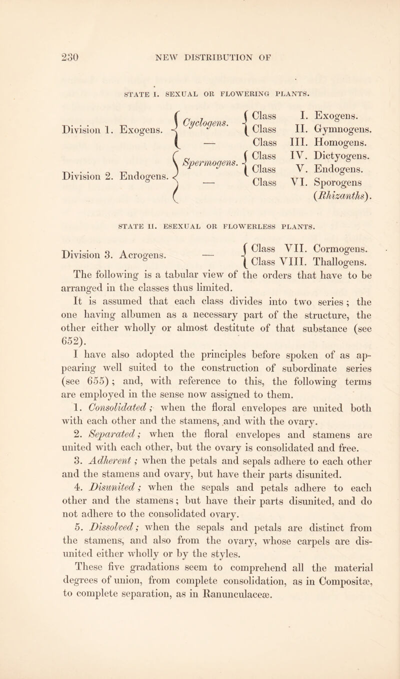 STATE I. SEXUAL OR FLOWERING PLANTS. Division 1. Exogens. Division 2. Endogens. Class Class Class Class Class Class I. Exogens. II. Gymnogens. III. Homogens. IV. Dictyogens. V. Endogens. VI. Sporogens (Rhizanths). STATE II. ESEXUAL OR FLOWERLESS PLANTS. Division 3. Acrogens ( Class VII. Cormogens. \ Class VIII. Thallogens. The following is a tabular view of the orders that have to be arranged in the classes thus limited. It is assumed that each class divides into two series ; the one having albumen as a necessary part of the structure, the other either wholly or almost destitute of that substance (see 652). I have also adopted the principles before spoken of as ap¬ pearing well suited to the construction of subordinate series (see 655) ; and, with reference to this, the following terms are employed in the sense now assigned to them. 1. Consolidated; when the floral envelopes are united both with each other and the stamens, and with the ovary. 2. Separated; when the floral envelopes and stamens are united with each other, but the ovary is consolidated and free. 3. Adherent; when the petals and sepals adhere to each other and the stamens and ovary, but have their parts disunited. 4. Disunited; when the sepals and petals adhere to each other and the stamens; but have their parts disunited, and do not adhere to the consolidated ovary. 5. Dissolved; when the sepals and petals are distinct from the stamens, and also from the ovary, whose carpels are dis¬ united either wholly or by the styles. These five gradations seem to comprehend all the material degrees of union, from complete consolidation, as in Composite, to complete separation, as in llanunculacese.