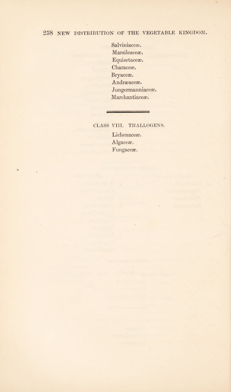 8 NEW DISTRIBUTION OF THE VEGETABLE KINGDOM. Salviniaceae. Marsileacese. Equisetacese. Characese. Bryacese. Andrseacese. J ungermanniaceae. Marchantiacese. CLASS VIII. THALLOGENS. Lichenaceas. Algaceae.