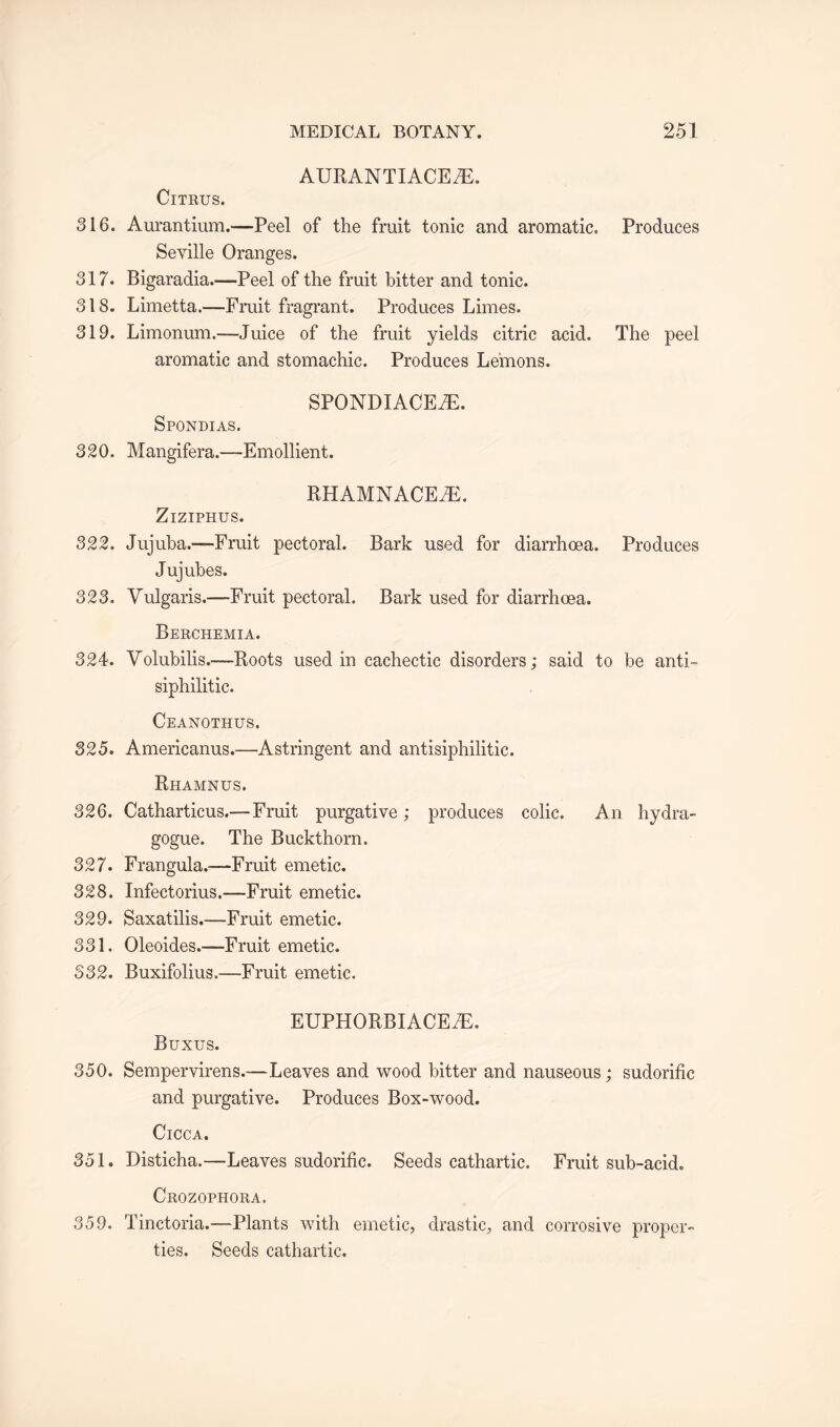 AURANTIACEJE. Citrus. 316. Aurantium.—Peel of the fruit tonic and aromatic. Produces Seville Oranges. 317. Bigaradia.—Peel of the fruit bitter and tonic. 318. Limetta.—Fruit fragrant. Produces Limes. 319. Limonum.—Juice of the fruit yields citric acid. The peel aromatic and stomachic. Produces Lemons. SPONDIACEfE. Spondias. 320. Mangifera.—Emollient. RHAMNACEiE. ZlZIPHUS. 322. Jujuba.—Fruit pectoral. Bark used for diarrhoea. Produces Jujubes. 323. Vulgaris.—Fruit pectoral. Bark used for diarrhoea. Berchemia. 324. Volubilis.—-Roots used in cachectic disorders; said to be anti- siphilitic. Ceanothus. 325. Americanus.—Astringent and antisiphilitic. Rhamnus. 326. Catharticus.— Fruit purgative; produces colic. An hydra- gogue. The Buckthorn. 327. Frangula.—Fruit emetic. 328. Infectorius.—Fruit emetic. 329. Saxatilis.—Fruit emetic. 331. Oleoides.—Fruit emetic. 332. Buxifolius.—Fruit emetic. EUPHORBIACE^E. Buxus. 350. Sempervirens.—Leaves and wood bitter and nauseous; sudorific and purgative. Produces Box-wood. Cicca. 351. Disticha.—Leaves sudorific. Seeds cathartic. Fruit sub-acid. Crozophora. 359. Tinctoria.—Plants with emetic, drastic, and corrosive proper¬ ties. Seeds cathartic.