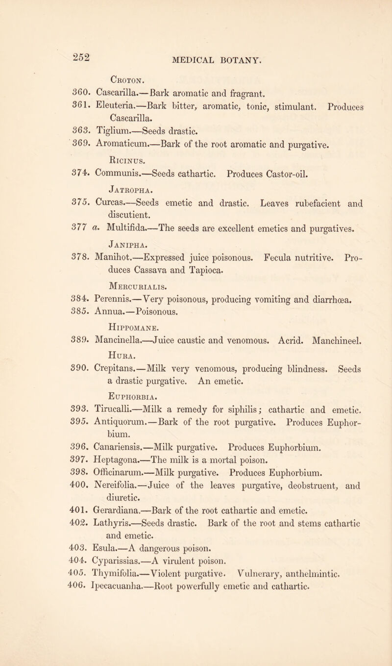 Croton. 360. Cascarilla.—Bark aromatic and fragrant. 361. Eleuteria.—Bark bitter, aromatic, tonic, stimulant. Produces Cascarilla. 363. Tiglium.—Seeds drastic. 369. Aromaticum.—Bark of the root aromatic and purgative. Ricinus. 374. Communis.—Seeds cathartic. Produces Castor-oil. Jatropha. 375. Curcas.—Seeds emetic and drastic. Leaves rubefacient and discutient. 377 a. Multifida.—The seeds are excellent emetics and purgatives. Janipha. 378. Manihot.—Expressed juice poisonous. Fecula nutritive. Pro¬ duces Cassava and Tapioca. Mercurialis. 384. Perennis.—Very poisonous, producing vomiting and diarrhoea. 385. Annua.—Poisonous. Hippomane. 389. Mancinella.—Juice caustic and venomous. Acrid. Manchineel. Hura. 390. Crepitans.—Milk very venomous, producing blindness. Seeds a drastic purgative. An emetic. Euphorbia. 393. Tirucalli.—Milk a remedy for siphilis; cathartic and emetic. 395. Antiquorum.—Bark of the root purgative. Produces Euphor- bium. 396. Canadensis.—Milk purgative. Produces Euphorbium. 397. Heptagona.—The milk is a mortal poison. 398. Officinarum.—Milk purgative. Produces Euphorbium. 400. Nereifolia.—Juice of the leaves purgative, deobstruent, and diuretic. 401. Gerardiana.-—Bark of the root cathartic and emetic. 402. Lathyris.—Seeds drastic. Bark of the root and stems cathartic and emetic. 403. Esula.—A dangerous poison. 404. Cyparissias.-—A virulent poison. 405. Thymifolia.—Violent purgative. Vulnerary, anthelmintic. 406. Ipecacuanha—Root powerfully emetic and cathartic.