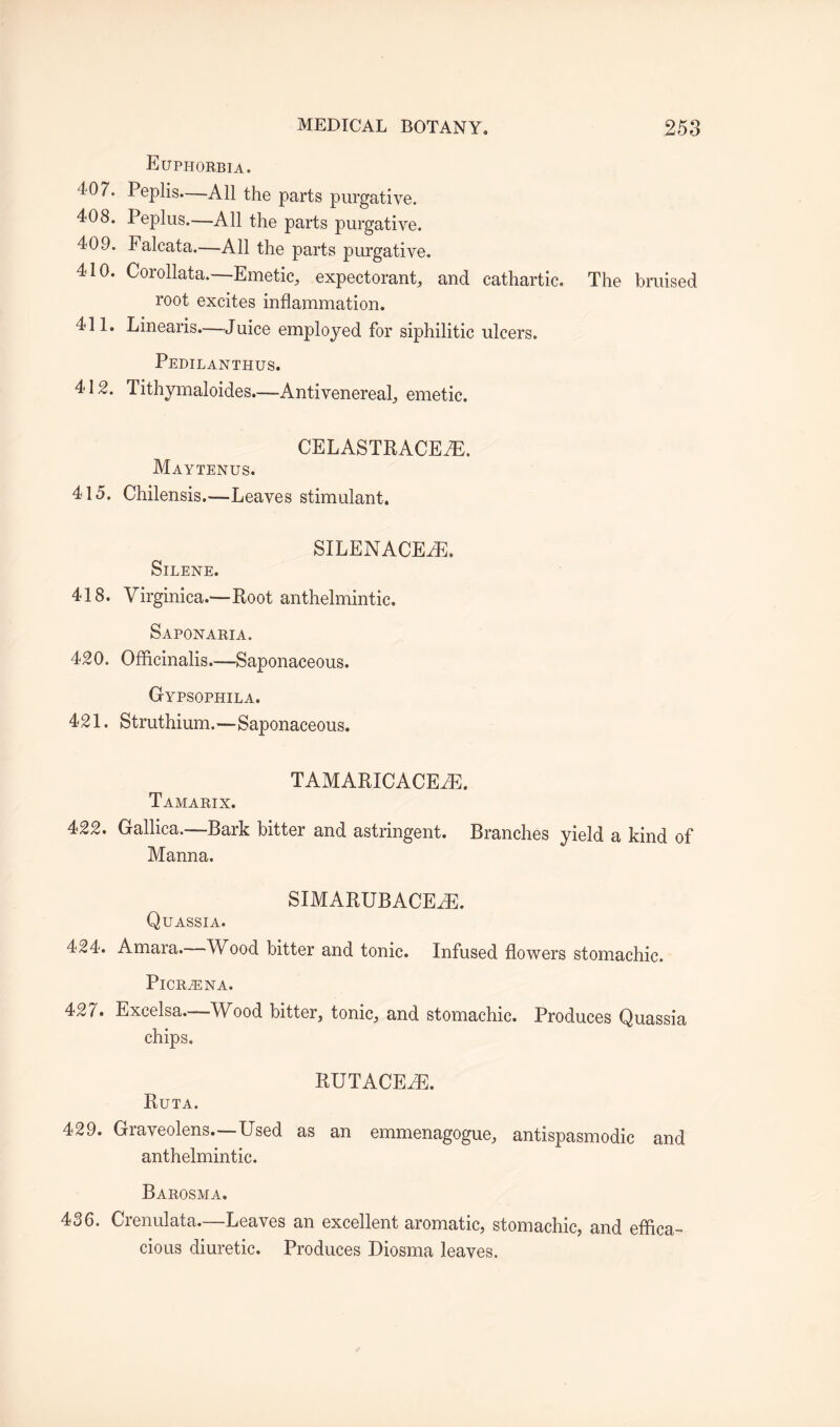 Euphorbia. 407. Peplis—All the parts purgative. 408. Peplus.—All the parts purgative. 409. Falcata.—All the parts purgative. 410. Corollata.—Emetic, expectorant, and cathartic. The bruised root excites inflammation. 411. Linearis.—Juice employed for siphilitic ulcers. Pedilanthus. 412. Tithymaloides.—Anti venereal, emetic. CELASTRACEJE. Maytenus. 415. Chilensis.—Leaves stimulant. SILENACEAE. SlLENE. 418. Virginica.—Root anthelmintic. Saponaria. 420. Officinalis.—Saponaceous. Gypsophila. 421. Struthium.—Saponaceous. TAMARICACEAE. Tamarix. 422. Gallica.—Bark bitter and astringent. Branches yield a kind of Manna. SIMARUBACEAE. Quassia. 424. Amara. Wood bitter and tonic. Infused flowers stomachic. PlCRiENA. 427. Excelsa.—Wood bitter, tonic, and stomachic. Produces Quassia chips. RUTACEAE. Ruta. 429. Graveolens.—Used as an emmenagogue, antispasmodic and anthelmintic. Barosma. 436. Crenulata—Leaves an excellent aromatic, stomachic, and effica¬ cious diuretic. Produces Diosma leaves.