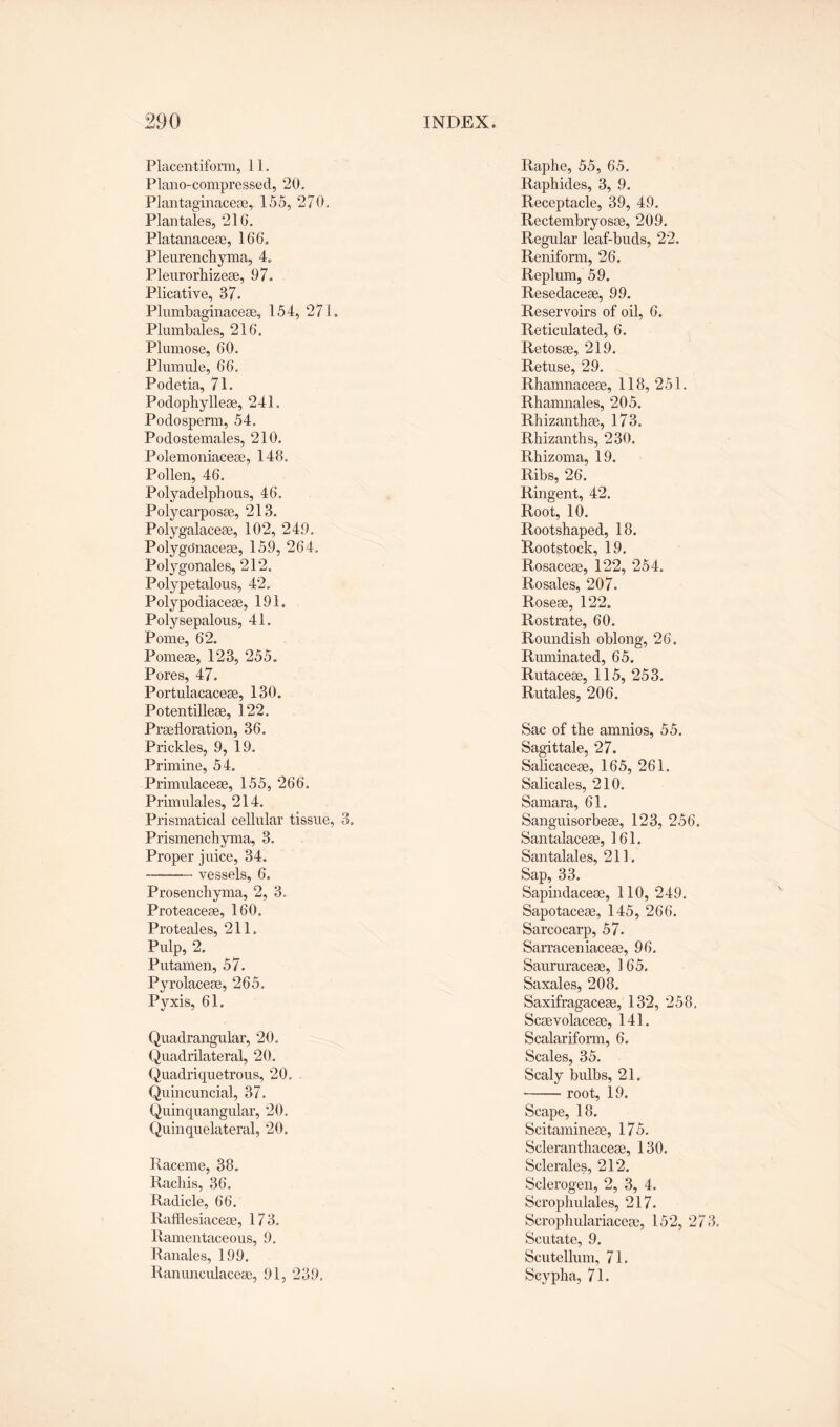 Placentiform, 11. Plano-compressed, 20. Plantaginacese, 155, 270, Plantales, 216. Platanaceae, 166. Pleurenchyma, 4. Pleurorhizeae, 97. Plicative, 37. Plumbaginaceae, 154, 271. Plumbales, 216, Plumose, 60. Plumule, 66. Podetia, 71. Podophylleae, 241. Podosperm, 54. Podostemales, 210. Polemoniaceae, 148. Pollen, 46. Polyadelphous, 46, Polycarposae, 213. Polygalaceae, 102, 249, Polygonaceae, 159, 264. Polygonales, 212. Polypetalous, 42. Polypodiaceae, 191. Polysepalous, 41. Pome, 62. Pomeae, 123, 255. Pores, 47. Portulacaceae, 130. Potentilleae, 122. Praefloration, 36. Prickles, 9, 19. Primine, 54. Primulaceae, 155, 266. Primulales, 214, Prismatical cellular tissue, 3. Prismenchyma, 3. Proper juice, 34. -vessels, 6. Prosenchyma, 2, 3. Proteaceae, 160. Proteales, 211. Pulp, 2. Putamen, 57. Pyrolaceae, 265. Pyxis, 61. Quadrangular, 20. Quadrilateral, 20. Quadriquetrous, 20. Quincuncial, 37. Quinquangular, 20, Quinquelateral, 20. Raceme, 38. Racliis, 36. Radicle, 66. Rafflesiaceae, 173. Ramentaceous, 9. Ranales, 199. Ranunculaceae, 91, 239. Raphe, 55, 65. Raphides, 3, 9. Receptacle, 39, 49. Rectembryosae, 209. Regular leaf-buds, 22. Reniform, 26. Replum, 59. Resedaceae, 99. Reservoirs of oil, 6. Reticulated, 6. Retosae, 219. Retuse, 29. Rhamnaceae, 118, 251. Rhamnales, 205. Rhizanthae, 173. Rhizanths, 230. Rhizoma, 19. Ribs, 26. Ringent, 42. Root, 10. Rootshaped, 18. Rootstock, 19. Rosaceae, 122, 254. Rosales, 207. Roseae, 122. Rostrate, 60. Roundish oblong, 26. Ruminated, 65. Rutaceae, 115, 253. Rutales, 206. Sac of the amnios, 55. Sagittale, 27. Salicaceae, 165, 261. Salicales, 210. Samara, 61. Sanguisorbeae, 123, 256. Santalaceae, 161. Santalales, 211. Sap, 33. Sapindaceae, 110, 249. Sapotaceae, 145, 266. Sarcocarp, 57* Sarraceniaceae, 96. Saururaceae, 1 65. Saxales, 208. Saxifragaceae, 132, 258. Scaevolaceae, 141. Scalariform, 6. Scales, 35. Scaly bulbs, 21. -root, 19. Scape, 18. Scitamineae, 175. Scleranthaceae, 130. Sclerales, 212. Sclerogen, 2, 3, 4. Scrophulales, 217. Scrophulariaceae, 152, 273. Scutate, 9. Scutellum, 71. Scypha, 71.