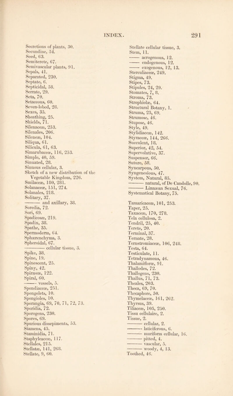 Secretions of plants, 30. Secnndine, 54. Seed, 63. Semiterete, 67. Semivascular plants, 91. Sepals, 41. Separated, 230. Septate, 6. Septicidal, 58. Serrate, 29. Seta, 70. Setaceous, 60. Seven-lobed, 28. Sexes, 35. Sheathing, 25. Shields, 71. Silenaceae, 253. Silenales, 206. Sileneae, 104. Siliqua, 61. Silicula, 61, 63. Simarubaceae, 116, 253. Simple, 40, 59. Sinuated, 28. Sinuous cellular, 3, Sketch of a new distribution of the Vegetable Kingdom, 226. Smilaceae, 180, 281. Solanaceae, 151, 274. Solanales, 218. Solitary, 37. -- and axillary, 38. Soredia, 72. Sori, 69. Spadicosae, 219. Spadix, 38. Spathe, 35. Spermoderm, 64. Sphaerenchyma, 3. Spheroidal, 67. -cellular tissue, 3. Spike, 38. Spine, 19. Spinescent, 25. Spiny, 42. Spiraeeae, 122. Spiral, 60. -vessels, 5. Spondiaceae, 251. Spongelets, 10. Spongioles, 10. Sporangia, 69, 70, 71, 72, 73. Sporidia, 72. Sporogens, 230. Spores, 69. Spurious dissepiments, 53. Stamens, 45. Staminidia, 71. Staphyleaceae, 117. Stellales, 215. Stellatae, 141, 268. Stellate, 9, 60. Stellate cellular tissue, 3. Stem, 11. ■ - acrogenous, 12. ■ - endogenous, 12. - exogenous, 12, 13. Sterculiaceae, 249. Stigma, 49. Stipes, 73. Stipides, 24, 29. Stomates, 7, 8. Stroma, 73. Strophiolee, 64. Structural Botany, 1. Struma, 25, 69. Strumose, 46. Stupose, 46. Style, 49. Stylidiaceae, 142. Styraceae, 144, 266. Succulent, 1 8. Superior, 42, 54. Supervolutive, 37. Suspensor, 66. Suture, 58. Syncarpous, 50. Syngenesious, 47. System, Natural, 85. --natural, of De Candolle, 90. --Linnaean Sexual, 76. Systematical Botany, 75. Tamaricaceae, 101, 253. Taper, 25. Taxaceae, 170, 278. Tela cellulosa, 2. Tendril, 25, 40. Terete, 20. Terminal, 37. Ternate, 28. Ternstromiaceae, 106, 248. Testa, 64. Testiculate, 11. Tetradynamous, 46, Thalamiflorae, 91. Thallodes, 72. Thallogens, 230. Thallus, 71, 73. Theales, 203. Theca, 69, 70. Thecaphore, 50. Thymelaceae, 161, 262. Thyrsus, 39. Tiliaceae, 105, 250. Tissu cellulaire, 2. Tissue, 2. - cellular, 2. *-laticiferous, 6. -muriform cellular, 16. - -pitted, 4. — -vascular, 5. ■-woody, 4, 13. Toothed, 46.