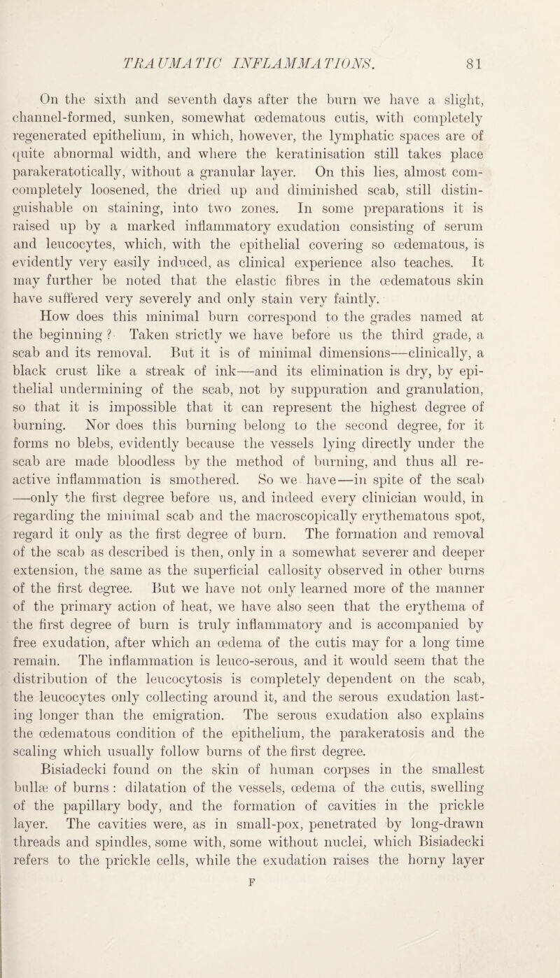 On the sixth and seventh davs after the burn we have a slight, channel-formed, sunken, somewhat oedematous cutis, with completely regenerated epithelium, in which, however, the lymphatic spaces are of quite abnormal width, and where the keratinisation still takes place parakeratotically, without a granular layer. On this lies, almost com- completely loosened, the dried up and diminished scab, still distin¬ guishable on staining, into two zones. In some preparations it is raised up by a marked inflammatory exudation consisting of serum and leucocytes, which, with the epithelial covering so oedematous, is evidently very easily induced, as clinical experience also teaches. It may further be noted that the elastic fibres in the oedematous skin have suffered very severely and only stain very faintly. How does this minimal burn correspond to the grades named at the beginning? Taken strictly we have before us the third grade, a scab and its removal. But it is of minimal dimensions—clinically, a black crust like a streak of ink—and its elimination is dry, by epi¬ thelial undermining of the scab, not by suppuration and granulation, so that it is impossible that it can represent the highest degree of burning. Nor does this burning belong to the second degree, for it forms no blebs, evidently because the vessels lying directly under the scab are made bloodless by the method of burning, and thus all re¬ active inflammation is smothered. So we have—in spite of the scab —only the first degree before us, and indeed every clinician would, in regarding the minimal scab and the macroscopicallv erythematous spot, regard it only as the first degree of burn. The formation and removal of the scab as described is then, only in a somewhat severer and deeper extension, the same as the superficial callosity observed in other burns of the first degree. But we have not only learned more of the manner of the primary action of heat, we have also seen that the erythema of the first degree of burn is truly inflammatory and is accompanied by free exudation, after which an oedema of the cutis may for a long time remain. The inflammation is leuco-serous, and it would seem that the distribution of the leucocytosis is completely dependent on the scab, the leucocytes only collecting around it, and the serous exudation last¬ ing longer than the emigration. The serous exudation also explains the oedematous condition of the epithelium, the parakeratosis and the scaling which usually follow burns of the first degree. Bisiadecki found on the skin of human corpses in the smallest bullae of burns : dilatation of the vessels, oedema of the cutis, swelling of the papillary body, and the formation of cavities in the prickle layer. The cavities were, as in small-pox, penetrated by long-drawn threads and spindles, some with, some without nuclei, which Bisiadecki refers to the prickle cells, while the exudation raises the horny layer F