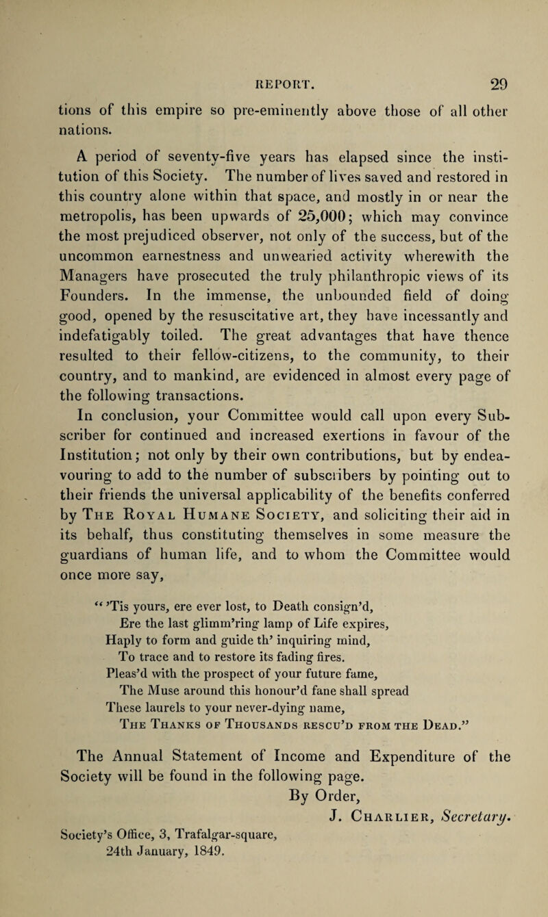 tions of this empire so pre-eminently above those of all other nations. A period of seventy-five years has elapsed since the insti¬ tution of this Society. The number of lives saved and restored in this country alone within that space, and mostly in or near the metropolis, has been upwards of 25,000; which may convince the most prejudiced observer, not only of the success, but of the uncommon earnestness and unwearied activity wherewith the Managers have prosecuted the truly philanthropic views of its Founders. In the immense, the unbounded field of doing good, opened by the resuscitative art, they have incessantly and indefatigably toiled. The great advantages that have thence resulted to their fellow-citizens, to the community, to their country, and to mankind, are evidenced in almost every page of the following transactions. In conclusion, your Committee would call upon every Sub¬ scriber for continued and increased exertions in favour of the Institution; not only by their own contributions, but by endea¬ vouring to add to the number of subscribers by pointing out to their friends the universal applicability of the benefits conferred by The Royal Humane Society, and soliciting their aid in its behalf, thus constituting themselves in some measure the guardians of human life, and to whom the Committee would once more say, “ ’Tis yours, ere ever lost, to Death consign’d. Ere the last glimm’ring lamp of Life expires. Haply to form and guide th’ inquiring mind. To trace and to restore its fading fires. Pleas’d with the prospect of your future fame. The Muse around this honour’d fane shall spread These laurels to your never-dying name. The Thanks of Thousands rescu’d from the Dead.” The Annual Statement of Income and Expenditure of the Society will be found in the following page. By Order, J. Charlier, Secretary. Society’s Office, 3, Trafalgar-square, 24th January, 1849.