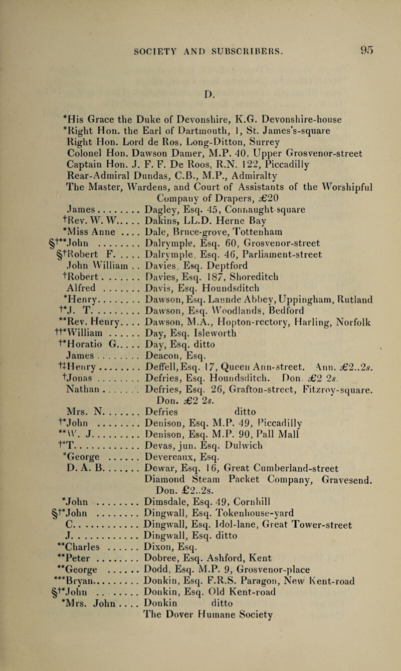 D. *His Grace the Duke of Devonshire, K.G. Devonshire-house *Right Hon. the Earl of Dartmouth, 1, St. James’s-square Right Hon. Lord de Ros, Long-Ditton, Surrey Colonel Hon. Dawson Damer, M.P. 40, Upper Grosvenor-street Captain Hon. J. F. F. De Roos, R.N. 122, Piccadilly Rear-Admiral Dundas, C.B., M.P., Admiralty The Master, Wardens, and Court of Assistants of the Worshipful Company of Drapers, £20 .lames.Dagley, Esq. 45, Connaught square tRev. W. W.Dakins, LL.D. Herne Bay *Miss Anne .... Dale, Bruce-grove, Tottenham §t**,John .Dalrymple, Esq. 60, Grosvenor-street §tRobert F.Dalrymple, Esq. 46, Parliament-street John William . . Davies, Esq. Deptford tRobert.Davies, Esq. 187, Shoreditch Alfred .Davis, Esq. Houndsditch *Henry.Dawson, Esq. Launde Abbey, Uppingham, Rutland +*J. T.Dawson, Esq. Woodlands, Bedford **Rev. Henry. . .. Dawson, M.A., Hopton-rectory, Hailing, Norfolk tt*William.Day, Esq. Isleworth t*Horatio G.Day, Esq. ditto James.Deacon, Esq. t+Henry.Deffell,Esq. 17, Queen Arm-street. Ann. £2..2s. tjonas.Defries, Esq. Houndsditch. Don. £2 2s. Nathan.Defries, Esq. 26, Grafton-street, Fitzroy-square. Don. £2 2s. Mrs. N.Defries ditto 1'Mohn .Denison, Esq. M.P. 49, Piccadilly **\Y. J.Denison, Esq. M.P. 90, Pall Mall t*T.Devas, jun. Esq. Dulwich *George .Devereaux, Esq. D. A. B.Dewar, Esq. 1 6, Great Cumberland-street Diamond Steam Packet Company, Gravesend. Don. £2..2s. *John .Dimsdale, Esq. 49, Cornhill §t*John .Dingwall, Esq. Tokenhouse-yard C.Dingwall, Esq. Idol-lane, Great Tower-street J.Dingwall, Esq. ditto **Char'les .Dixon, Esq. **Peter.Dobree, Esq. Ashford, Kent **George .Dodd, Esq. M.P. 9, Grosvenor-place ***Bryan..Donkin, Esq. F.R.S. Paragon, New Kent-road §t*Johu .. .Donkin, Esq. Old Kent-road *Mrs. John .... Donkin ditto The Dover Humane Society