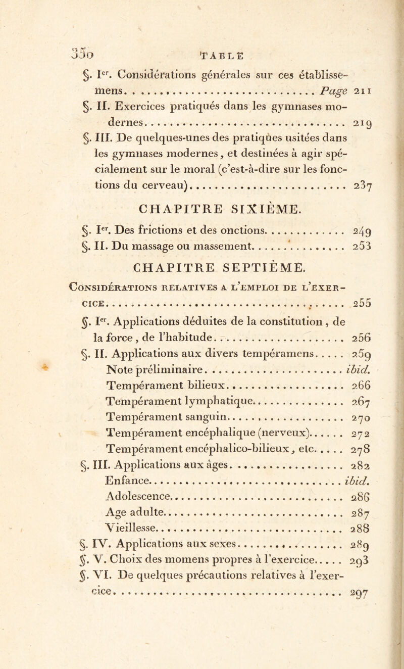 §. Ier. Considérations générales sur ces établisse- mens.Page 211 s- h. Exercices pratiqués dans les gymnases mo¬ dernes. 219 §. III. De quelques-unes des pratiques usitées dans les gymnases modernes, et destinées à agir spé¬ cialement sur le moral (c’est-à-dire sur les fonc¬ tions du cerveau),. 237 CHAPITRE SIXIÈME. §. Ier. Des frictions et des onctions. 249 §. II. Du massage ou massement.‘. 253 CHAPITRE SEPTIÈME. Considérations relatives a l’emploi de l’exer¬ cice. 255 * §. Ier. Applications déduites de la constitution , de la force, de l’habitude. 256 §. II. Applications aux divers tempéramens. 2.5g Note préliminaire. ibicL Tempérament bilieux. 266 Tempérament lymphatique. 267 Tempérament sanguin... 270 Tempérament encéphalique (nerveux). 272 Tempérament encéphalico-bilieux, etc. .... 278 §. III. Applications aux âges. 282 Enfance. ibicl. Adolescence. 286 Age adulte.. 287 Vieillesse. 288 §. IV. Applications aux sexes. 289 J. V. Choix des momens propres à l’exercice. 2g3 §. VI. De quelques précautions relatives à l’exer¬ cice. 297