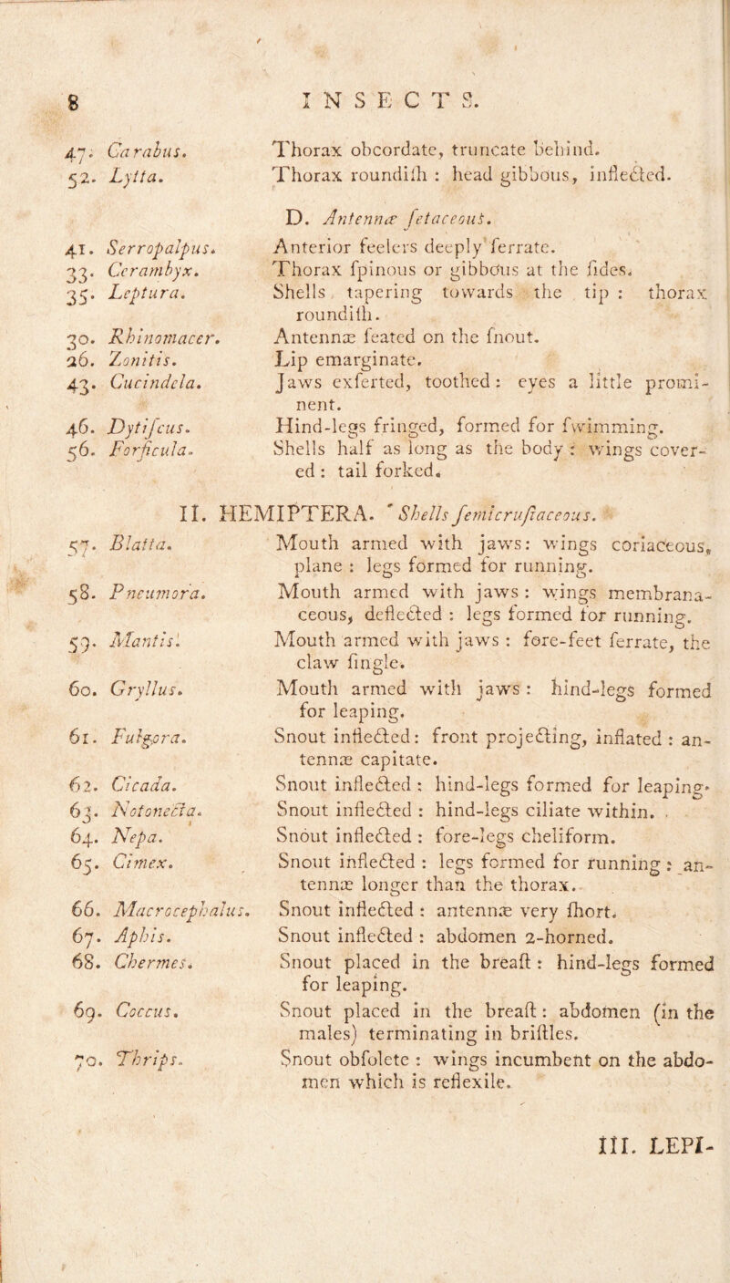 f 1 8 I N S E C T S. 47. Carabus. 52. Lytta. Thorax obcordate, truncate behind. Thorax roundilh : head gibbous, indedfed. 41. Serropalpus. 33. Ccrambyx. 35. Lcptura. D. Antennae jet ace ou's. Anterior feelers deeply ferrate. Thorax fpinous or gibbous at the fides. Shells tapering towards the tip : thorax roundilh. 30. Rhinomaccr. 0.6. Zonitis. 43. Cucindcla. Antennas feated on the fnout. Lip emarginate. Jaws exferted, toothed: eyes a little promi¬ nent. 46. Dytijcus. 56. Forficula. Hind-legs fringed, formed for fwimming. Shells half as long as the body : wings cover¬ ed : tail forked» II. HEMIPTERA. ' Shells fernlcru/iaceous. 37. Blatta. Mouth armed with jaws: wrings coriaceous,, plane : legs formed for running. 58. Pneumora. Mouth armed with jaws : wings membrana¬ ceous, deflected : legs formed lor running. 59. Mantis. Mouth armed with jaws : fore-feet ferrate, the claw fingle. 60. Gryllus. Mouth armed with jaws : hind-legs formed for leaping. 61. Fuigpra. Snout inhered: front projecting, inflated : an¬ 62. Cicada. 61. Not one Aa. ^ i 64. Nepa. 65. Cimex. tennae capitate. Snout infledfed : hind-legs formed for leaping» Snout indebted : hind-legs ciliate within. . Snout indebted : fore-legs cheliform. Snout ihdeCted : legs formed for running: an¬ tennae longer than the thorax. 66. Macrocephalus. 67. Aphis. 68. Chermes. Snout indebted : antennae very fhort. Snout indebted : abdomen 2-horned. Snout placed in the bread : hind-legs formed for leaping. 69. Coccus. Snout placed in the bread: abdotnen (in the males) terminating in bridles. 70. Fir ip s. Snout obfolete : wings incumbent on the abdo¬ men w'hich is redexiie. HI. LEPI-