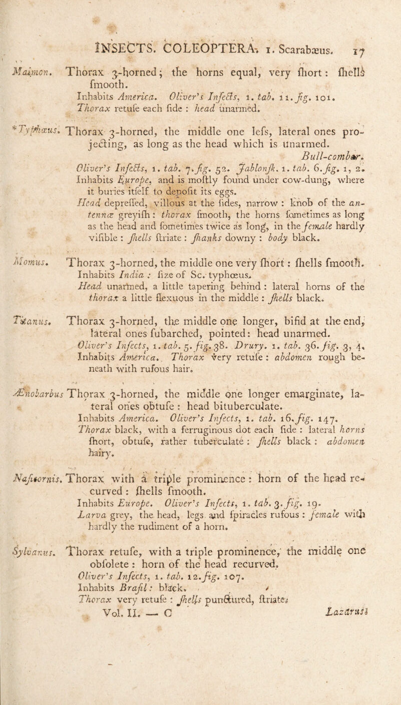 ' V ' ’ * > 1 ' Maimon. Thorax g-horned \ the horns equal, very fhort: fhell& fmooth. Inhabits America. Oliver's InfeEls, i. tab. ti. fig. 101. Thorax retufe each fide : head unarmed. 'Typhoeus. Thorax 3-horned, the middle one lefs, lateral ones pro¬ jecting, as long as the head which is Unarmed. Bull-comber. Oliver's InfeEls, 1. tab. *]>fig. 52. jfablonjk. 1. tab. G.fg. 1,2. Inhabits Europe, and is moftly found under cow-dung, wdrere it buries itfelf to denofit its eggs. Head depreifed, villous at the tides, narrow : knob oF the an¬ tennae greyifh : thorax fmooth, the horns fometimes as long as the head and fometimes twice as long, in the female hardly vifible : jhells ftriate : fianks downy : body black. Momus. Thorax 3-horned, the middle one very fhort: fhells fmooth. Inhabits India ; lize of Sc.' typhceus. Head unarmed, a little tapering behind : lateral horns of the thorax a little flexuous in the middle : Jhells black. Tkanus. Thorax 3-horned, the middle one longer, bifid at the end, lateral ones fubarched, pointed: head unarmed. Olivers Infects, 1. tab. 5. fig. 38. Drury. 1. tab. 36. jig. 3, 4, Inhabits America. Thorax very retufe : abdomen rough be¬ neath with rufous hair. HEnobarbus Thorax 3-horned, the middle one longer emarginate, la¬ teral ones obtufe : head bituberculate. Inhabits America. Oliver’s Infects, i. tab. 16. fig. 147. Thorax black, with a ferruginous dot each fide : lateral horns fhort, obtufe, rather tuberculate : Jhells black : abdomen hairy. , -v a j 1 ■ ' Nafuornis. Thorax with a triple prominence: horn of the head re-* curved : (hells fmooth. Inhabits Europe. Oliver's Infects, 1. tab. 3. fig. 19. Larva grey, the head, legs, and fpiracles rufous : female with hardlv the rudiment of a horn. ✓ Thorax retufe, with a triple prominence,' the middle one obfolete : horn of the head recurved. Oliver's Infects, 1. tab. 12.fig. 107. Inhabits Brafl: black. ■ * Thorax very retufe : Jhells pun&ured, ftriatea Vol. II. — G f • Sylvanus. Zazeirusd