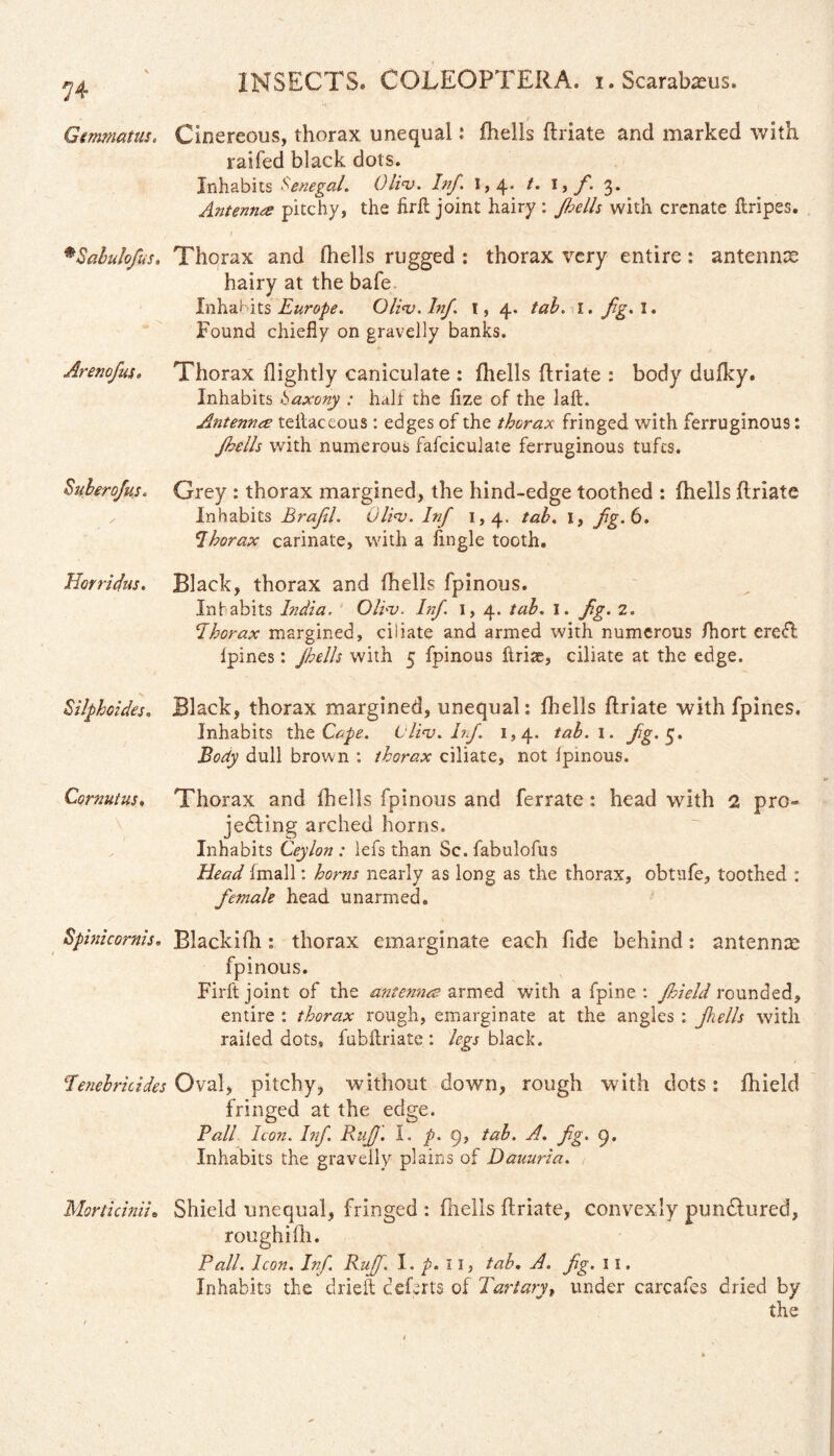 Gemmatus. Cinereous, thorax unequal: fhells flriate and marked with raifed black dots. Inhabits Senegal. Oliv. Inf. 1,4. /. I, f. 3. Antenna pitchy, the firA joint hairy : fhells with crenate Aripes. i #Sabulofus. Thorax and fhells rugged : thorax very entire: antennas hairy at the bale Inhabits Europe. Oli<v. Inf \, 4. tab. I. fg. I. Found chiefly on gravelly banks. Arenofus, Thorax flightly caniculate : fhells flriate : body dufky. Inhabits Saxony : halt the fize of the laA. Antenna teilaceous : edges of the thorax fringed with ferruginous: fhells with numerous fafciculate ferruginous tufts. Suberofus. Grey : thorax margined, the hind-edge toothed : fhells flriate ✓ Inhabits Brafl. Oli<v. Inf 1,4. tab. 1, fg. 6. Ihorax carinate, with a Angle tooth. Horridus. Black, thorax and fhells fpinous. Inhabits India. Olhv. Inf 1, 4. tab. I. fg. 2. Iborax margined, ciiiate and armed with numerous fhort erefl Ipines: fhells with 5 fpinous Arise, ciliate at the edge. Silphoides. Black, thorax margined, unequal: fhells flriate with fpines. Inhabits the Cape. Lli<v. Inf. 1,4. tab. 1. fg. 5. Body dull brown : thorax ciliate, not Ipinous. Cornutus. Thorax and fhells fpinous and ferrate: head with 2 pro¬ jeci ing arched horns. Inhabits Ceylon: lefs than Sc.fabulofus Head {mall: horns nearly as long as the thorax, obtufe, toothed : female head unarmed. Spiniccrnis, Blackifh : thorax emarginate each fide behind: antennae fpinous. Firft joint of the antenna armed with a fpine : Jhield rounded, entire : thorax rough, emarginate at the angles : fells with railed dots, fubftriate : legs black. Tenebricides Oval, pitchy, without down, rough with dots: fhield fringed at the edge. Pall Icon. Inf. Rtf . 1. p. 9, tab. A. fig. 9. Inhabits the gravelly plains of Dauuria. Morticinii, Shield unequal, fringed : fnells flriate, convexly pun&ured, roughifh. Pall. Icon. Inf Ruff. I. p. 11, tab. A. fg. 11. Inhabits the drieil ceErts of Tartary, under carcafes dried by the