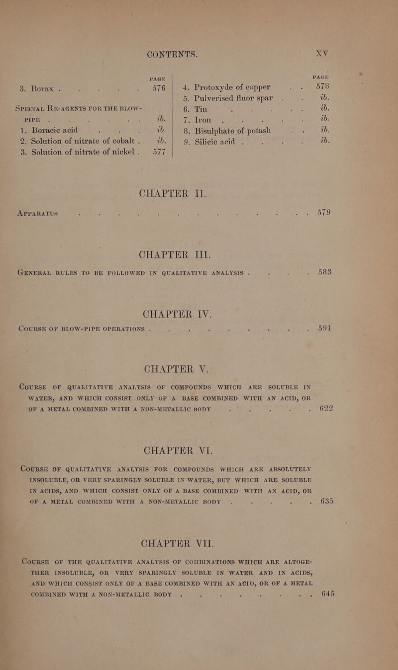 PAGE 3. Borax . : 576 4. Protoxyde of eopper ur | 5. Puiverised fluor spar SPECIAL RE-AGENTS FOR THE BLOW- u ; PIPE . : : ane Wee? Iron. . . 2. Solution of nitrate of cobalt . ib. | 9, Silieie acid 3. Solution of nitrate of nickel . 577 CHAPTER II. APPARATUS CHAPTER III. GENERAL RULES TO BE FOLLOWED IN QUALITATIVE ANALYSIS . CHAPTER IV. COURSE OF BLOW-PIPE OPERATIONS . CHAPTER V. COURSE OF QUALITATIVE ANALYSIS OF COMPOUNDS WHICH ARE SOLUBLE IN WATER, AND WHICH CONSIST ONLY OF A BASE COMBINED WITH AN ACID, OR OF A METAL COMBINED WITH A NON-METALLIC BODY . . . . CHAPTER VI. COURSE OF QUALITATIVE ANALYSIS FOR COMPOUNDS WHICH ARE ABSOLUTELY INSOLUBLE, OR VERY SPARINGLY SOLUBLE IN WATER, BUT WHICH ARE SOLUBLE IN ACIDS, AND WHICH CONSIST ONLY OF A BASE COMBINED WITH AN ACID, OR OF A METAL COMBINED WITH A NON-METALLIC BODY CHAPTER VIL. COURSE OF THE QUALITATIVE ANALYSIS OF COMBINATIONS WHICH ARE ALTOGE- THER INSOLUBLE, OR VERY SPARINGLY SOLUBLE IN WATER AND IN ACIDS, AND WHICH CONSIST ONLY OF A BASE COMBINED WITH AN ACID, OR OF A METAL COMBINED WITH A NON-METALLIC BODY ° . a ° . . ° 583 591 635 645 2