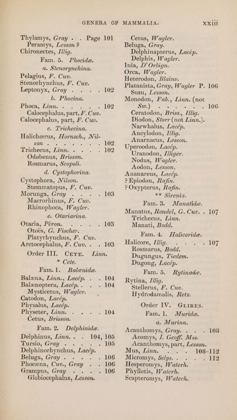 Peramys, Lesson 2 Chironectes, J7/ig. Fam. 5. Phocide. a. Stenorynchina. Pelagius, F. Cuv. Stenorhynchus, F. Cuv. Leptonyx, Gray . . 102 6. Phocina. Phoca, Linn. . . 102 Calocephalus, part, F. Cun. Calocephalus, part, F’. Cuv. c. Trichecina. Halicheerus, Hornsch., Nil- SOM. . 2 Sree Oe Trichecus, Linn. = LOZ Odobenus, Brisson. Rosmarus, Scopoli. d. Cystophorina. Cystophora, Nilson. Stemmatopus, Ff. Cuv. Morunga, Gray -, £03 Macrorhinus, fF. Cuwv. Rhinophoca, Wagler. e. Otariarina. Otaria, Péron. : . 103 Otoes, G. Fischer. Platyrhynchus, F. Cuv. Arctocephalus, F. Cuv. . . 103 Order III. Crerer. Linn. * Cete. Fam.1. Balenide. Balena, Linn., Lacép. . » 104 Balznoptera, Lacép. . . 104 Mysticetus, Wagler. Catodon, Lacép. Physalus, Lacép. Physeter, Linn. . . . 104 Cetus, Brisson. Fam. 2. Delphinide. Delphinus, Linn. . 104, 105 Tursio, Gray . Pew bided i) Delphinorhynchus, Lacép. Beluga, Gray . «&gt; «OG Phocena, Cuv., Gray - 106 Grampus, Gray - 106 Globiocephalus, Lesson. MAMMALIA. XXiil Beluga, Gray. Delphinapterus, Lacép. Delphis, Wagler. Inia, D’ Orbign. Orca, Wagler. Heterodon, Blainv. Platanista, Gray, Wagler P. 106 Susu, Lesson. Monodon, Fab., Linn. (not Sw.) . 42677006 Ceratodon, Briss. . Tilig. Diodon, Storr (not Linn.). Narwhalus, Lacép. Ancylodon, Illig. Anarnacus, Lesson. Uperoodon, Lacép. Uranodon, Illiger. Nodus, Wagler. Aodon, Lesson. Ananareus, Lacép. ? Epiodon, Rafin. ? Oxypterus, Rafin. . ** Sirenia. Fam. 3. Manatide. Manatus, Rondel, G. Cuv. . Trichecus, Linn. Manati, Bedd. Fam. 4. Halicoride. Halicore, [ilig. Rosmarus, Bodd. Dugungus, Tiedem. Dugong, Lacép. Fam. 5. Rytinade. Rytina, Ilig. Stellerus, F. Cuv. Hydrodamalis, Retz. Order IV. GurrEs. Fam. 1. Muride. a. Murina. Acanthomys, Gray... Acomys, I. Geoff. Mss. Acanthomys, part, Lesson. Mus, Linn. 108-112 Micromys, Selys. . . 112 Hesperomys, Waterh. Phyllotis, Waterh. Scapteromys, Waterh. 107 - 107 . 106
