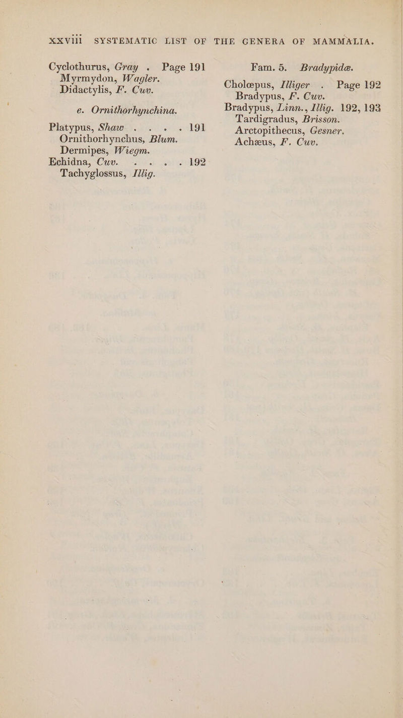 Didactylis, F. Cuv. Platypus, Shaw Dermipes, Wiegm. Echidna, Cuv. . . . Tachyglossus, Iilig. THE GENERA OF MAMMALIA. Fam. 5. Bradypide. Cholepus, Iiliger . Page 192 Bradypus, Ff’. Cuv. Bradypus, Linn., Illig. 192, 193 Tardigradus, Brisson. Arctopithecus, Gesner.
