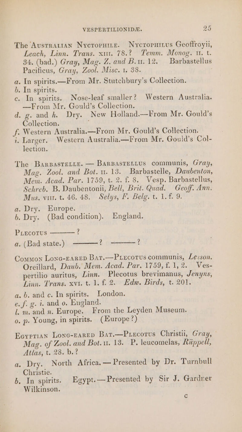 The Austratian Nycroruite. Nycropuitus Geoffroyii, Leach, Linn. Trans. xu. 78.2 Temm. Monog. u. t. 34. (bad.) Gray, Mag. Z. and B.ur. 12. Barbastellus Pacificus, Gray, Zool. Misc. 1. 38. : . In spirits—From Mr. Stutchbury’s Collection. . In spirits. c. In spirits. Nose-leaf smaller? Western Australia. —From Mr. Gould’s Collection. d. g. and h. Dry. New Holland—From Mr. Gould’s Collection. J. Western Australia.—From Mr. Gould’s Collection. i. Larger. Western Australia——From Mr. Gould’s Col- lection. oa The BarpasTeLLe. — BarBAsTELLUS communis, Gray, Mag. Zool. and Bot. u. 13. Barbastelle, Daubenton, Mem. Acad. Par. 1759, t. 2. f. 8. Vesp. Barbastellus, Schreb. B. Daubentonii, Bell, Brit. Quad. Geoff. Ann. Mus. vi. t. 46. 48. Selys, F. Belg. t. 1.f. 9. a. Dry. Europe. b. Dry. (Bad condition). England. ? PLECOTUS a. (Bad state.) ? ? Common Lonc-EARED Bat.—Ptecotus communis, Lesson. Oreillard, Daub. Mem. Acad. Par. 1759, f.1, 2. Ves- pertilio auritus, Linn. Plecotus brevimanus, Jenyns, Linn. Trans. xvi. t. 1. f. 2. Edw. Birds, t. 201. a. b. and c. In spirits. London. ef. g. i. and o. England. i. m. and n. Europe. From the Leyden Museum. o. p. Young, in spirits. (Hurope 2) Ecyptian Lone-Earep Bat.—Puecotus Christi, Gray, Mag. of Zool. and Bot. u. 13. P. leucomelas, Riippell, Atlas, t. 28. b.? a. Dry. North Africa. — Presented by Dr. Turnbull Christie. b. In spirits. Egypt.—Presented by Sir J. Gardner Wilkinson. Cc