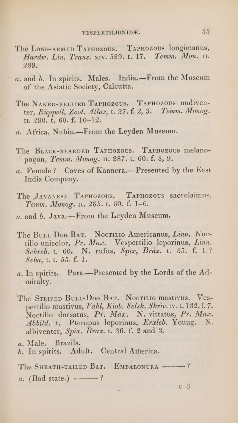 The Lonc-armep Tapnozous. Tapuozous longimanus, Hardw. Lin. Trans. x1v. 529. t. 17. Temm. Mon. u. 289. - a, and b. In spirits. Males. India.—From the Museum of the Asiatic Society, Calcutta. The NAKED-BELLIED TapHozous. ‘TapHozous nudiven- ter, Riippell, Zool. Atlas, t. 27. f. 2, 3. Temm. Monog. 1. 280. t. 60. f. 10-12. a. Africa, Nubia.—From the Leyden Museum. The BLAacK-BEARDED Tapnozous. Tarnozous melano- pogon, Temm. Monog. 11. 287. t. 60. f. 8, 9. a. Female? Caves of Kannera.—Presented by the East India Company. The Javanese Tapnozous. Tapnozous saccolaimus, Temm. Monog. 1. 285. t. 60. f. 1-6. a. and b. Java.—From the Leyden Museum. The Butt Doc Bat. Nocritio Americanus, Linn. Noc- tilio unicolor, Pr. Max. Vespertilio leporinus, Lina. Schreb. t. 60. N. rufus, Spiz, Braz. t. 35. f. 1.7 Seba, f, be. i ht, a. In spirits. Para—Presented by the Lords of the Ad- miralty. The Stripep Butt-Doce Bat. Nocritio mastivus. Ves- pertilio mastivus, Vahl, Kiob. Selsk. Skriv.tv. t. 132.f. 7. Noctilio dorsatus, Pr. Max. N. vittatus, Pr. Maz. Abbild. t. Pteropus leporinus, Eraleb. Young. N. albiventer, Spia. Braz. t. 36. f. 2 and 3. a. Male, Brazils. b. In spirits. Adult. Central America. The SHEATH-TAILED Bat. EmBatLonura a. (Bad state.) ?