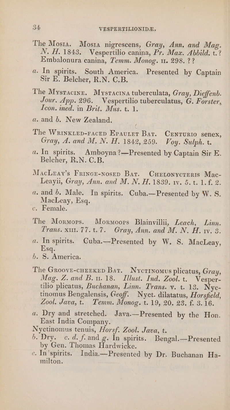 The Mosia. Mostra nigrescens, Gray, Ann. and Mag. N. H. 1843. Vespertilio canina, Pr. Max. Abbild. t.? Embalonura canina, Temm. Monog. u. 298. ?? a. In spirits. South America. Presented by Captain Sir E. Belcher, R.N. C.B. he Mysractne. Mysracina tuberculata, Gray, Dieffenb. Jour. App. 296. Vespertilio tuberculatus, G. Forster, Icon. ined. in Brit. Mus. t. 1. a, and 6. New Zealand. : The Wrinxtzp-racep Epavuter Bat. Crnrturio senex, Gray, A. and M. N. H. 1842, 259. Voy. Sulph. t. a. In spirits. _Amboyna?—Presented by Captain Sir E. Belcher, R.N. C.B. MacLray’s Frince-nosrep Bat. CuHetonycteris Mac- Leayii, Gray, dnn. and M. N. H.1839. 1. 5.t. 1.f. 2. a. and 6. Male. In spirits. Cuba.—Presented by W. S. MacLeay, Esq. c. Female. The Mormors. Mormoors Blainvillii, Leach, Linn. Lrans. xi. 77.t.7. Gray, Ann. and M. N. H. w. 3. a. In spirits. Cuba.—Presented by W. S. MacLeay, Esq. 6. S. America. The Groove-cnzexeD Bat. Nycrrnomus plicatus, Gray, Mag. Z. and B.u. 18. Illust. Ind. Zool. t. Vesper- tilio plicatus, Buchanan, Linn. Trans. v. t. 13. Nye- tinomus Bengalensis, Geoff. Nyct. dilatatus, Horsfield, Zool. Java, t. Temm. Monog. t. 19, 20. 23. f. 3.16. a. Dry and stretched. Java.—Presented by the Hon. East India Company. Nyctinomus tenuis, Horsf. Zool. Java, t. 6. Dry. c. d. f-and g. In spirits. Bengal.—Presented by Gen. Thomas Hardwicke. e. In'spirits. India.—Presented by Dr. Buchanan Ha- milton.