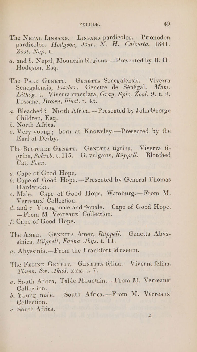 The Nepar Linsanc. Lrinsane pardicolor. Prionodon pardicolor, Hodgson, Jour. N. H. Calcutta, 1841. Zool. Nep. t. a. and b. Nepal, Mountain Regions.—Presented by B. H. Hodgson, Esq. The Pate Genett. Genetra Senegalensis. Viverra Senegalensis, Fischer. Genette de Sénégal. Mam. Lithog. t. Viverra maculata, Gray, Spic. Zool. 9. t. 9. Fossane, Brown, Illust. t. 43. a. Bleached? North Africa.—Presented by John George Children, Esq. 6. North Africa. c. Very young; born at Knowsley.—Presented by the Earl of Derby. The Brorcnep Genett. GeEwnetra tigrina. Viverra ti- grina, Schreb.t.115. G. vulgaris, Rippell. Blotched Cat, Penn. a. Cape of Good Hope. b. Cape of Good Hope.—Presented by General Thomas Hardwicke. c. Male. Cape of Good Hope, Wamburg.—From M. Verreaux’ Collection. d. and e. Young male and female. Cape of Good Hope. —From M. Verreaux’ Collection. f. Cape of Good Hope. The Amer. Gernerta Amer, Riippell. Genetta Abys- sinica, Ruppell, Fauna Abys. t. 11. a. Abyssinia. —From the Frankfort Museum. The Ferine Genett. Genetra felina. Viverra felina, Thunb. Sn. Akad. xxx. t. 7. a. South Africa, Table Mountain.—From M. Verreaux’ Collection. b. Young male. South Africa.—From M. Verreaux’ Collection. c. South Africa.