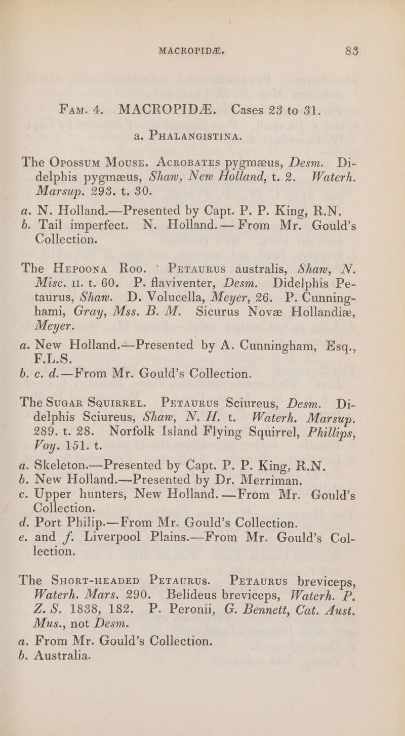 Fam. 4. MACROPIDZE. Cases 23 to 31. a. PHALANGISTINA. The Opossum Mousse. AcrosarTEs pygmeus, Desm. Di- delphis pygmeus, Shaw, New Holland, t.2. Waterh. Marsup. 293. t. 30. a. N. Holland.—Presented by Capt. P. P. King, R.N. 6. Tail imperfect. N. Holland. — From Mr. Gould’s Collection. The Heroona Roo. *° Prtaurus australis, Shaw, N. Mise. u. t. 60. P. flaviventer, Desm. Didelphis Pe- taurus, Shaw. D. Volucella, Meyer, 26. P. Cunning- hami, Gray, Mss. B. M. Sicurus Nove Hollandie, Meyer. a. New Holland.—Presented by A. Cunningham, Esq., BES. b. c. d.—From Mr. Gould’s Collection. The Suear Squirret. Petravurus Sciureus, Desm. Di- delphis Sciureus, Shaw, N. H. t. Waterh. Marsup. 289. t. 28. Norfolk Island Flying Squirrel, Phillips, Voy. 151. t. . Skeleton.—Presented by Capt. P. P. King, R.N. . New Holland.—Presented by Dr. Merriman. . Upper hunters, New Holland.—From Mr. Gould’s Collection. d. Port Philip.—From Mr. Gould’s Collection. e. and f. Liverpool Plains.—From Mr. Gould’s Col- lection. OR &amp; The SuHort-HEADED Prtaurus. PertTaurus breviceps, Waterh. Mars. 290. Belideus breviceps, Waterh. P. Z. S. 1838, 182. P. Peroni, G. Bennett, Cat. Aust. Mus., not Desm. a. From Mr. Gould’s Collection. b. Australia.