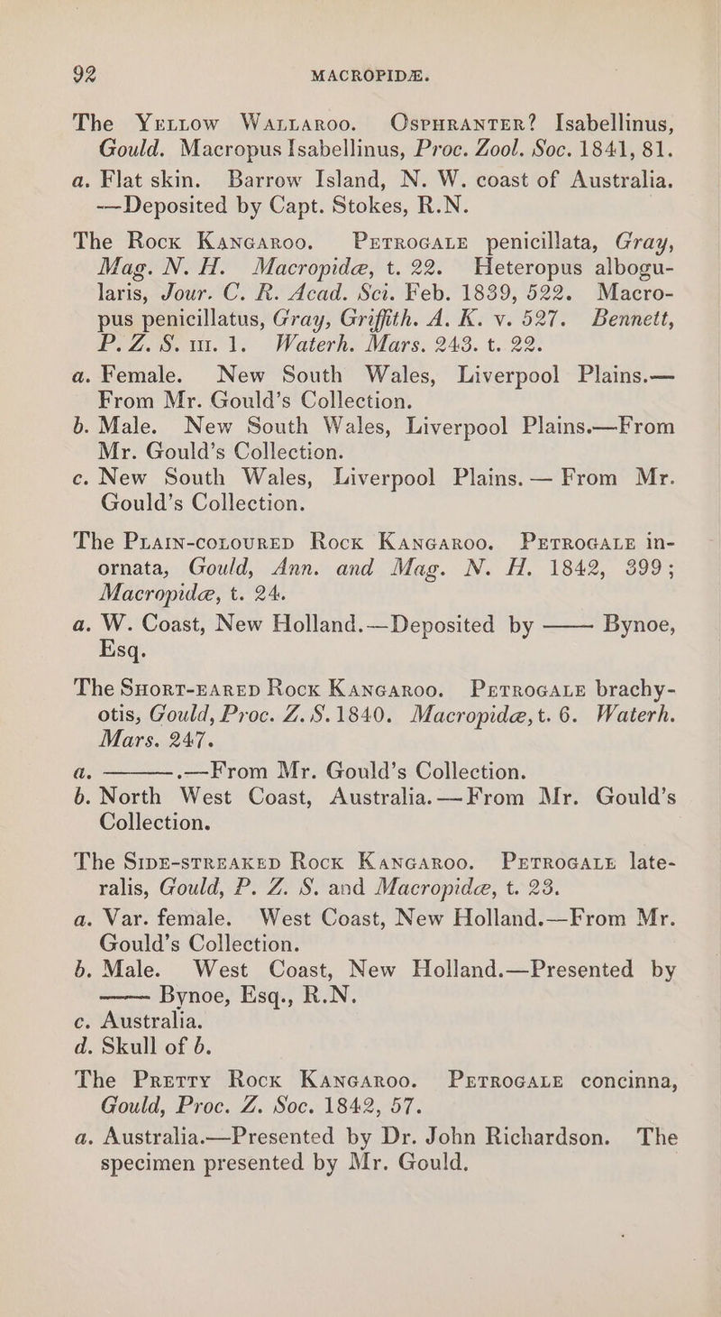 The Yrettow Wattaroo. OsrHranter? Isabellinus, Gould. Macropus Isabellinus, Proc. Zool. Soc. 1841, 81. a. Flat skin. Barrow Island, N. W. coast of Australia. -—Deposited by Capt. Stokes, R.N. The Rock Kanearoo. Prtrocate penicillata, Gray, Mag. N. H. Macropide, t. 22. Heteropus albogu- laris, Jour. C. R. Acad. Sci. Feb. 1839, 522. Macro- pus penicillatus, Gray, Griffith. A. K. v. 527. Bennett, PZ. 8S. 10.1, Waterh. Mars. 243. t..22. a. Female. New South Wales, Liverpool Plains.— From Mr. Gould’s Collection. b. Male. New South Wales, Liverpool Plains —From Mr. Gould’s Collection. c. New South Wales, Liverpool Plains. — From Mr. Gould’s Collection. The Piarn-cotourED Rock Kancaroo. PETROGALE in- ornata, Gould, Ann. and Mag. N. H. 1842, 399; Macropide, t. 24. a. W. Coast, New Holland.—Deposited by —— Bynoe, Esq. The SHort-EARrED Rock Kanearoo. Perrocare brachy- otis, Gould, Proc. Z. 8.1840. Macropide,t. 6. Waterh. Mars. 247. a. .—From Mr. Gould’s Collection. b. North West Coast, Australia. —From Mr. Gould’s Collection. The Sipe-strREAKED Rock Kancaroo. PrEtTROGALE late- ralis, Gould, P. Z. S. and Macropide, t. 23. a. Var. female. West Coast, New Holland.—From Mr. Gould’s Collection. b. Male. West Coast, New Holland.—Presented by Bynoe, Esq., R.N. c. Australia. d. Skull of 6. The Pretry Rock Kancaroo. PErETROGALE concinna, Gould, Proc. Z. Soc. 1842, 57. a. Australia.—Presented by Dr. John Richardson. The specimen presented by Mr. Gould.