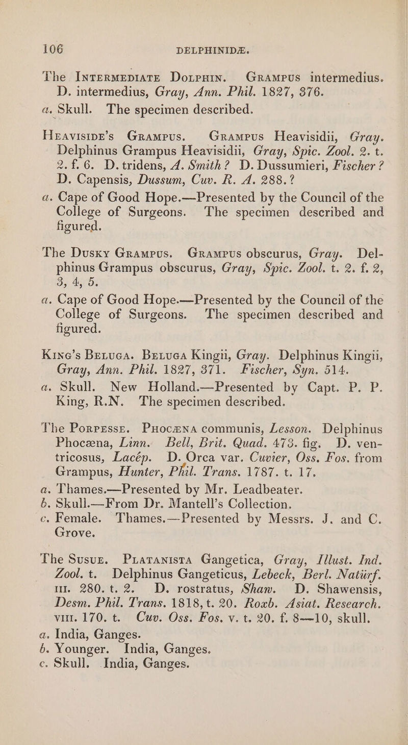 The InrermepiateE Doxtpuin. GRrampus intermedius. D. intermedius, Gray, Ann. Phil. 1827, 376. a. Skull. The specimen described. Heavisipr’s Grampus. Grampus Heavisidii, Gray. Delphinus Grampus Heavisidii, Gray, Spic. Zool. 2. t. 2.f.6. D.tridens, 4. Smith 2? D. Dussumieri, Fischer ? D. Capensis, Dussum, Cuv. R. A. 288.2? a. Cape of Good Hope.—Presented by the Council of the College of Surgeons. The specimen described and figured. The Dusky Gramrus. Grampus obscurus, Gray. Del- phinus Grampus obscurus, Gray, Swic. Zool. t. 2. f. 2, 3, 4, 5. a. Cape of Good Hope.—Presented by the Council of the College of Surgeons. The specimen described and figured. Kine’s Betuca. Betuea Kingn, Gray. Delphinus Kingii, Gray, Ann. Phil. 1827, 371. Fischer, Syn. 514. a. Skull. New Holland.—Presented by Capt. P. P. King, R.N. The specimen described. The Porpssse. Puocmna communis, Lesson. Delphinus Phoceena, Linn. Bell, Brit. Quad. 473. fig. D. ven- tricosus, Lacép. D. Orca var. Cuvier, Oss. Fos. from Grampus, Hunter, Phil. Trans. 1787. t. 17. a. Thames.—Presented by Mr. Leadbeater. 6. Skull.—F rom Dr. Mantell’s Collection. c. Female. Thames.—Presented by Messrs. J. and C. Grove. The Susuz. Pxraranista Gangetica, Gray, Illust. Ind. Zool. t. Delphinus Gangeticus, Lebeck, Berl. Natiirf. mr 280.t. 2. D. rostratus, Shaw. D. Shawensis, Desm. Phil. Trans. 1818, t. 20. Roxb. Asiat. Research. vit. 170. t. Cuv. Oss. Fos. v. t. 20. f. 8—~10, skull. . India, Ganges. - Younger. India, Ganges. c. Skull. India, Ganges. os 8