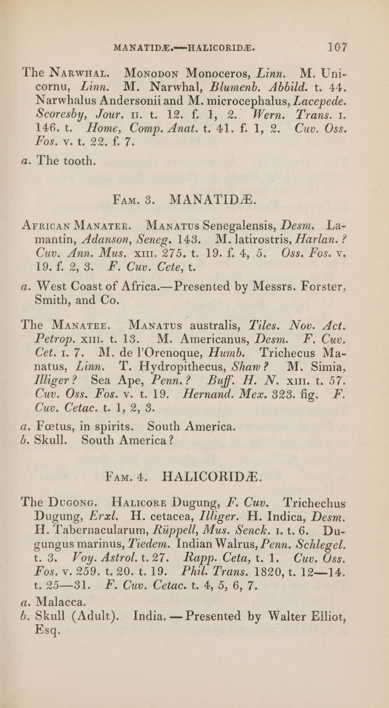 The Narwuat. Monovon Monoceros, Linn. M. Uni- cornu, Linn. M. Narwhal, Blumenb. Abbild. t. 44. Narwhalus Andersonii and M. microcephalus, Lacepede. Scoresby, Jour, u. t. 12. f. 1, 2. Wern. Trans. 1. 146. t. Home, Comp. Anat. t. 41. f. 1, 2. Cuv. Oss. Pas. Vs te 22S a. The tooth. Fam. 3. MANATIDE. ArricaAN ManaTeE. Manartus Senegalensis, Desm. La- mantin, Adanson, Seneg. 143. M. latirostris, Harlan. ? Cuv, Ann. Mus. xin..275. t. 19. f. 4, 5. Oss, Fos. v. 49-4, 2° GOR; Cav? Cete; t. a. West Coast of Africa.—Presented by Messrs. Forster, Smith, and Co. The Manatee. Manarvs australis, Tiles. Nov. Act. Petrop. xi. t. 13. M. Americanus, Desm. F. Cuv. Cet.1.7. M.delOrenoque, Humb. Trichecus Ma- natus, Linn. T. Hydropithecus, Shaw? M. Simia, iliger?) Sea Ape, Penn? Buff, H.-N. xin. t. 57. Cuv. Oss. Posy. t. 19. ~“Hernand. Mex. $23. fis. P. Cuv.. Cetacs tA; 2,13. a. Foetus, in spirits. South America. 6. Skull. South America? Fam. 4. HALICORIDE. The Ducone. Haticore Dugung, /. Cuv. Trichechus Dugung, Eral. H. cetacea, [lliger. H. Indica, Desm. H. ‘Tabernacularum, Rippell, Mus. Senck. 1.t.6. Du- gungus marinus, Tvedem. Indian Walrus, Penn. Schlegel. t. 3. Voy. Astrol.t.27. Rapp. Ceta,t.1. Cuv. Oss. Fos. v. 259. t. 20.t. 19. Phil: Trans. 1820, t 1214 t. 25—31. F. Cuv. Cetac. t. 4, 5, 6, 7. a. Malacca. 6. Skull (Adult). India, — Presented by Walter Elliot, Ksq.