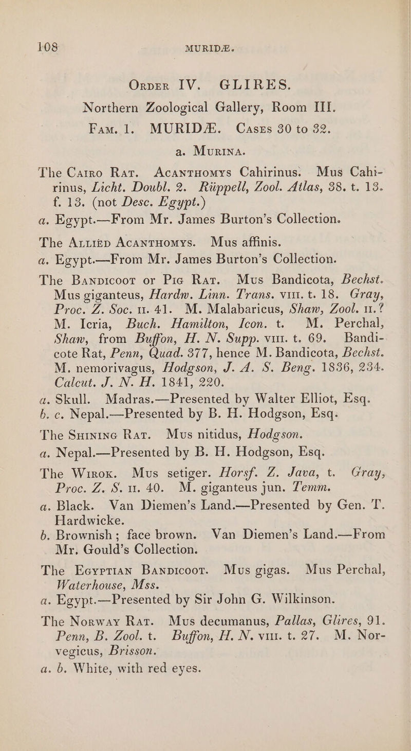 Orver IV. GLIRES. Northern Zoological Gallery, Room III. Fam. 1. MURIDA. Caszs 30 to 32. a. Murina. The Catro Rat. AcantHomys Cahirinus. Mus Cahi- rinus, Licht. Doubl. 2. Riippell, Zool. Atlas, 38. t. 13. f. 13. (not Desc. Egypt.) a. Egypt.—From Mr. James Burton’s Collection. The Atuizgp Acantuomys. Mus affinis. a. Egypt.—From Mr. James Burton’s Collection. The Banpicoor or Pig Rar. Mus Bandicota, Bechst. Mus giganteus, Hardw. Linn. Trans. vin. t.18. Gray, Proc. Z. Soc. u. 41. M. Malabaricus, Shan, Zool. 11.7% M. Icria, Buch. Hamilton, Icon. t. M. Perchal, Shan, from Buffon, H. N. Supp. vu. t. 69. Bandi- cote Rat, Penn, Quad. 377, hence M. Bandicota, Bechst. M. nemorivagus, Hodgson, J. A. S. Beng. 1836, 234. Calcut. J. N. H. 1841, 220. a. Skull. Madras.—Presented by Walter Elliot, Esq. b. c. Nepal.—Presented by B. H. Hodgson, Esq. The Surnine Rat. Mus nitidus, Hodgson. a. Nepal.—Presented by B. H. Hodgson, Esq. The Wirox. Mus setiger. Horsf. Z. Java, t. Gray, Proc. Z. S. u. 40. M. giganteus jun. Temm. a. Black. Van Diemen’s Land.—Presented by Gen. T. Hardwicke. 6. Brownish; face brown. Wan Diemen’s Land.—From Mr. Gould’s Collection. The Ecyprtan Banpicoot. Mus gigas. Mus Perchal, Waterhouse, Mss. a. Egypt.—Presented by Sir John G. Wilkinson. The Norway Rat. Mus decumanus, Pallas, Glires, 91. Penn, B. Zool. t. Buffon, H. N. vu. t. 27. M. Nor- vegicus, Brisson. a. b, White, with red eyes.