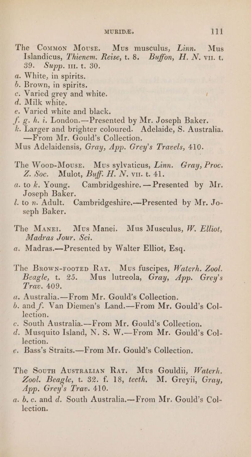 MURIDA, ThE The Common Movsr. Mus musculus, Linn. Mus Islandicus, T’hienem. Reise, t. 8. Buffon, H. N. vu. t. 39. Supp. ut. t. 30. a. White, in spirits. 6. Brown, in spirits. c. Varied grey and white. | d. Milk white. e. Varied white and black. J. g. h. i. London.—Presented by Mr. Joseph Baker. k. Larger and brighter coloured. Adelaide, S. Australia. —From Mr. Gould’s Collection. Mus Adelaidensis, Gray, App. Grey’s Travels, 410. The Woov-Movsz. Mus sylvaticus, Linn. Gray, Proc. Z. Soc. Mulot, Buff. H. N. vu. t. 41. a. tok. Young. Cambridgeshire.— Presented by Mr. Joseph Baker. l. to n. Adult. Cambridgeshire.—Presented by Mr. Jo- seph Baker. The Manet. Mus Manei. Mus Musculus, W. Elliot, Madras Jour. Sci. a. Madras.—Presented by Walter Elliot, Esq. The Brown-rootep Rat. Mus fuscipes, Waterh. Zool. Beagle, t. 25. Mus lutreola, Gray, App. Grey’s Trav. 409. | a. Australia. —From Mr. Gould’s Collection. b. and f. Van Diemen’s Land.—From Mr. Gould’s Col- lection. c. South Australia.—From Mr. Gould’s Collection. d, Musquito Island, N. S. W.—From Mr. Gould’s Col- lection. e. Bass’s Straits.—From Mr. Gould’s Collection. The Sourn AvustratiANn Rat. Mus Gouldii, Waterh. Zool. Beagle, t. 32. f. 18, teeth, M. Greyii, Gray, App. Grey’s Trav. 410. a. 6. c. and d. South Australia.—From Mr. Gould’s Col- lection.