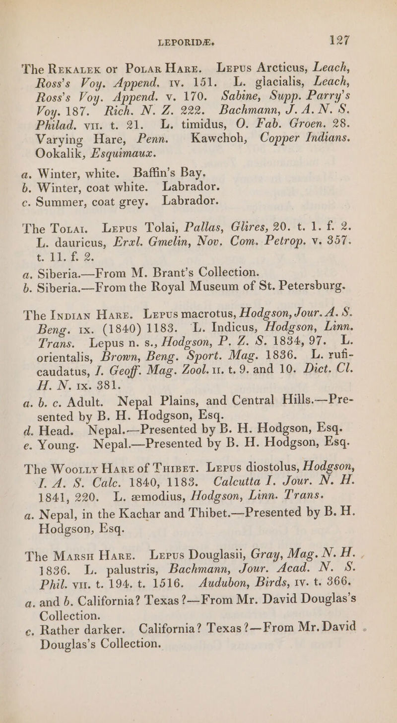 The Rexarexk or Potar Hare. Lepvus Arcticus, Leach, Ross’s Voy. Append, tv. 151. L. glacialis, Leach, Ross's Voy. Append. v. 170. Sabine, Supp. Parry's Voy. 187. Rich. N. Z. 222. Bachmann, J. A.N. 8. Philad. vu. t. 21. L. timidus, O. Fab. Groen. 28. Varying Hare, Penn. Kawchoh, Copper Indians. Ookalik, Esquimauax. a. Winter, white. Baffin’s Bay, b. Winter, coat white. Labrador. c. Summer, coat grey. Labrador. The Totat. Lervus Tolai, Pallas, Glires, 20. t. 1. f. 2. L. dauricus, Eral. Gmelin, Nov. Com. Petrop. v. 357. tf hae. a. Siberia.—From M. Brant’s Collection. b. Siberia.—From the Royal Museum of St. Petersburg. The Inp1aw Hare. Lepus macrotus, Hodgson, Jour. A. S. Beng. 1x. (1840) 1183. ‘L. Indicus, Hodgson, Linn. Trans. Lepus n. s., Hodgson, P.%. S. 1834597... Lh. orientalis, Brown, Beng. Sport. Mag. 1836. L. rufi- caudatus, J. Geoff. Mag. Zool. 1. t. 9. and 10. Dict. Cl. HN, 13.981. a. b. c. Adult. Nepal Plains, and Central Hills.—Pre- sented by B. H. Hodgson, Esq. d. Head. Nepal.—Presented by B. H. Hodgson, Esq. e. Young. Nepal—Presented by B. H. Hodgson, Esq. The Wootry Hartof Tuer. Lervs diostolus, Hodgson, JT. A. &amp;. Cale. 1840, 1183. Calcutta I. Jour. N. H. 1841, 220. L. emodius, Hodgson, Linn. Trans. a. Nepal, in the Kachar and Thibet.—Presented by B. H. Hodgson, Esq. The Marsu Harz. Lepus Douglasii, Gray, Mag. N. H. | 1836. L. palustris, Bachmann, Jour. Acad. N. 8. Phil. vu. t. 194. t. 1516. Audubon, Birds, tv. t. 366. a. and b. California? Texas ?—From Mr. David Douglas's Collection. ce, Rather darker. California? Texas ?—From Mr. David . Douglas’s Collection.