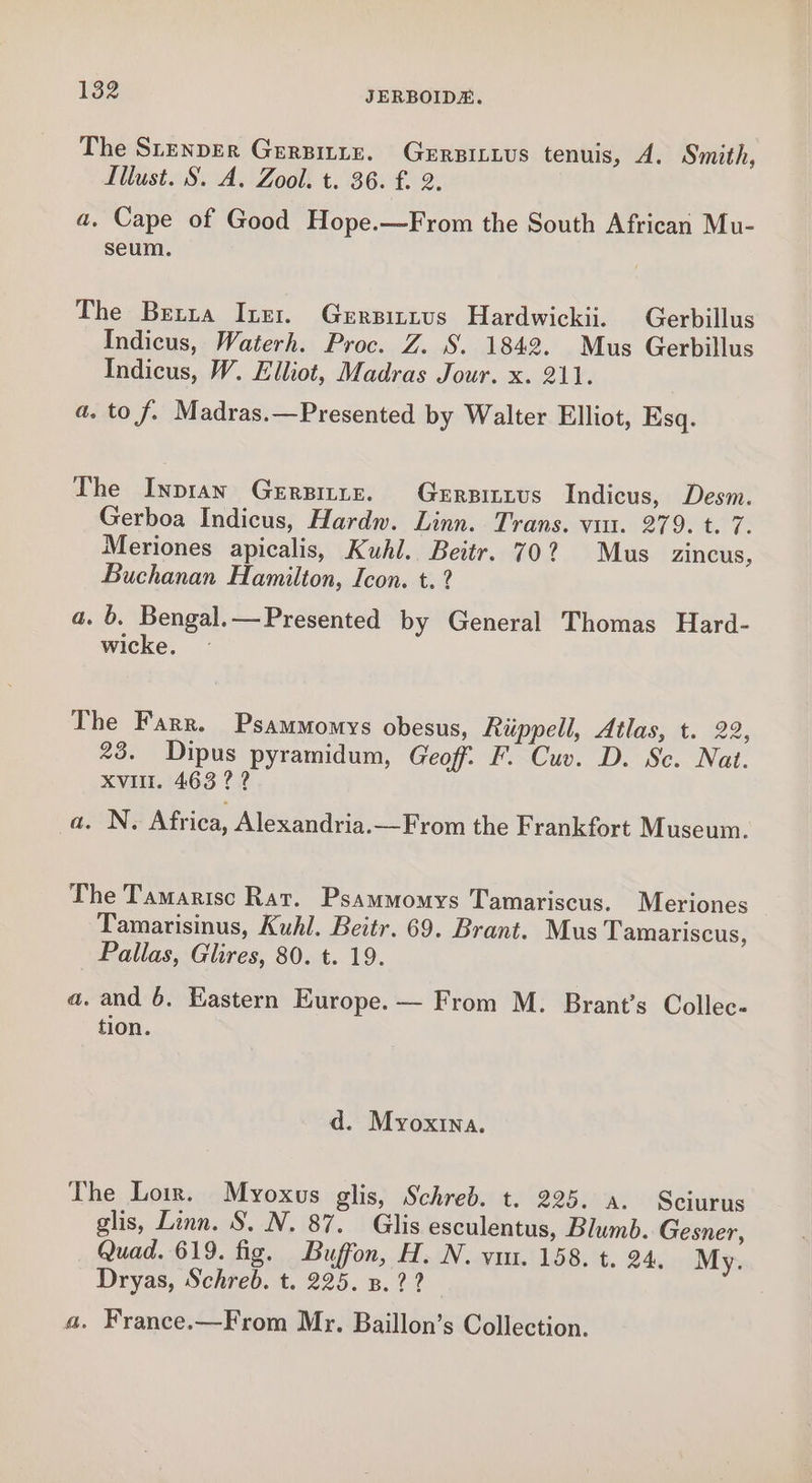 The SLenpEerR Gurpitiz. Gerrpiius tenuis, J. Smith, Illust. S. A. Zool. t. 36. f. 2. a. Cape of Good Hope.—From the South African Mu- seum. The Betta Ine: Gersittus Hardwickii. Gerbillus Indicus, Waterh. Proc. Z. S. 1842. Mus Gerbillus Indicus, W. Elliot, Madras Jour. x. 211. a. to f. Madras.—Presented by Walter Elliot, Esq. The Inpran Gerpinre. Gerrits Indicus, Desm. Gerboa Indicus, Hardw. Linn. Trans. vu. 279. t. 7. Meriones apicalis, Kuhl. Beitr. 702 Mus zincus, Buchanan Hamilton, Icon. t. ? a. b. Bengal.—Presented by General Thomas Hard- wicke. The Farr. Psammomys obesus, Rippell, Atlas, t. 22, 23. Dipus pyramidum, Geoff. F. Cuv. D. Sc. Nat. XVIII. 463 ? ? a. N. Africa, Alexandria.—From the Frankfort Museum. The Tamarisc Rat. Psammomys Tamariscus. Meriones Tamarisinus, Kuhl. Beitr. 69. Brant. Mus Tamariscus, Pallas, Glires, 80. t. 19. a. and 6. Eastern Europe. — From M. Brant’s Collec- tion. d. Myoxina. The Loir. Myoxus glis, Schred. t. 225. a. Sciurus glis, Linn. S. N. 87. Glis esculentus, Blumb. Gesner, Quad. 619. fig. Buffon, H. N. vr. 158. t. 24. My. Dryas, Schreb. t. 225. 8.2? a. France.—From Mr. Baillon’s Collection.