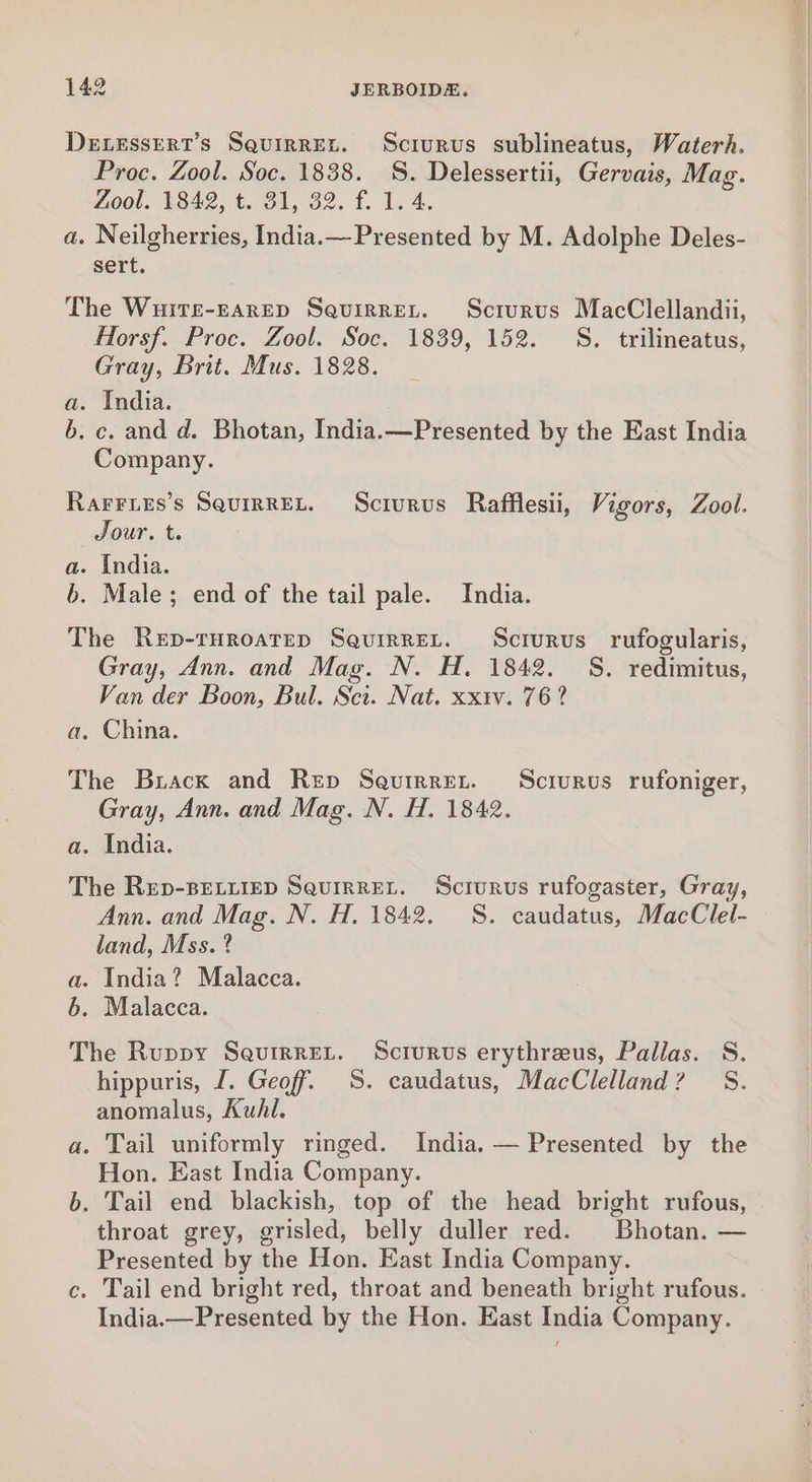 DexEssert’s SquirrEeL. Sciurus sublineatus, Waterh. Proc. Zool. Soc. 1838. §S. Delessertii, Gervais, Mag. Zool. 1842, t. Si, 32. f. 1. 4. a. Neilgherries, India.— Presented by M. Adolphe Deles- sert. The WuitEe-rareED SaurrreLt. Scrurus MacClellandii, Horsf. Proc. Zool. Soc. 1839, 152. S. trilineatus, Gray, Brit. Mus. 1828. a. India. b. c. and d. Bhotan, India.—Presented by the East India Company. Rarries’s Squirret. Sciurus Rafflesii, Vigors, Zool. Jour. t. a. India. b. Male; end of the tail pale. India. The Rep-TrHroatep SaurrREL. Scrurus rufogularis, Gray, Ann. and Mag. N. H. 1842. S. redimitus, Van der Boon, Bul. Sct. Nat. xxiv. 76? a. China. The Brack and Rep Seurrret. Sciurus rufoniger, Gray, Ann. and Mag. N. H. 1842. a. India. The Rep-BELiiep SquirREL. Scrurus rufogaster, Gray, Ann. and Mag. N. H. 1842. 8. caudatus, MacClel- land, Mss. ° a. India? Malacca. 6. Malacca. The Ruppy SeurrreL. Scrurus erythreus, Pallas. S. hippuris, [. Geoff. S. caudatus, MacClelland? S. anomalus, Kuhl. a. Tail uniformly ringed. India. — Presented by the Hon. East India Company. b. Tail end blackish, top of the head bright rufous, throat grey, grisled, belly duller red. Bhotan. — Presented by the Hon. East India Company. c. Tail end bright red, throat and beneath bright rufous. India.—Presented by the Hon. East India Company.