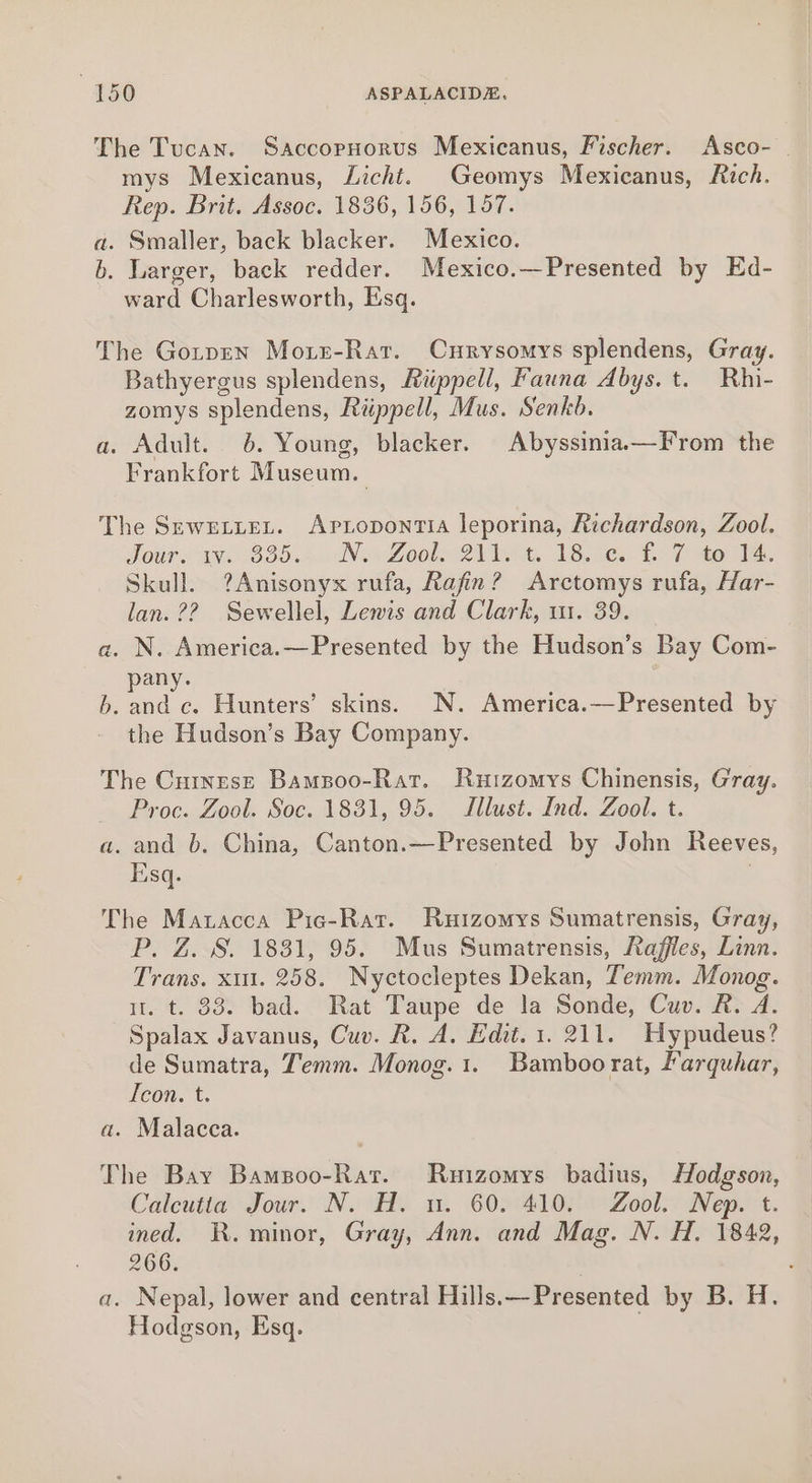 mys Mexicanus, Licht. Geomys Mexicanus, Rich. Rep. Brit. Assoc. 1836, 156, 157. a. Smaller, back blacker. Mexico. b. Larger, back redder. Mexico.—Presented by Ed- ward Charlesworth, Esq. The Gotpen Morz-Rat. Crrysomys splendens, Gray. Bathyergus splendens, Riippell, Fauna Abys. t. Rhi- zomys splendens, Riippell, Mus. Senkb. a, Adult. 6. Young, blacker. Abyssinia—From the Frankfort Museum. The SrwrertLeL. Apropontia leporina, Richardson, Zool. Joti N83 35,4 Nes ZOO 2st. 18.06). Bt to ee, Skull. ?Anisonyx rufa, Rafin? Arctomys rufa, Har- lan. ?? Sewellel, Lewis and Clark, ut. 39. a. N. America.—Presented by the Hudson’s Bay Com- pany. 6. and c. Hunters’ skins. N. America.—Presented by the Hudson’s Bay Company. The Cuinese Bampoo-Rat. Rutzomys Chinensis, Gray. Proc. Zool. Soc. 1831, 95. Jllust. Ind. Zool. t. a. and b. China, Canton.—Presented by John Reeves, Esq. | The Maracca Pic-Rat. Ruizomys Sumatrensis, Gray, P. Z. 8. 1831, 95. Mus Sumatrensis, Raffles, Linn. Trans. x11. 258. Nyctocleptes Dekan, Temm. Monog. ir. t. 838. bad. Rat Taupe de la Sonde, Cuv. R. A. Spalax Javanus, Cuv. R. A. Edit. 1. 211. Hypudeus? de Sumatra, Temm. Monog.1. Bamboorat, Farquhar, Toon. t. a. Malacca. The Bay Bamsoo-Rat. Ruizomys badius, Hodgson, Calcutta Jour. N. H. u. 60. 410. Zool. Nep. t. ined. KR. minor, Gray, Ann. and Mag. N. H. 1842, 266. a. Nepal, lower and central Hills.—Presented by B. H. Hodgson, Esq. ©
