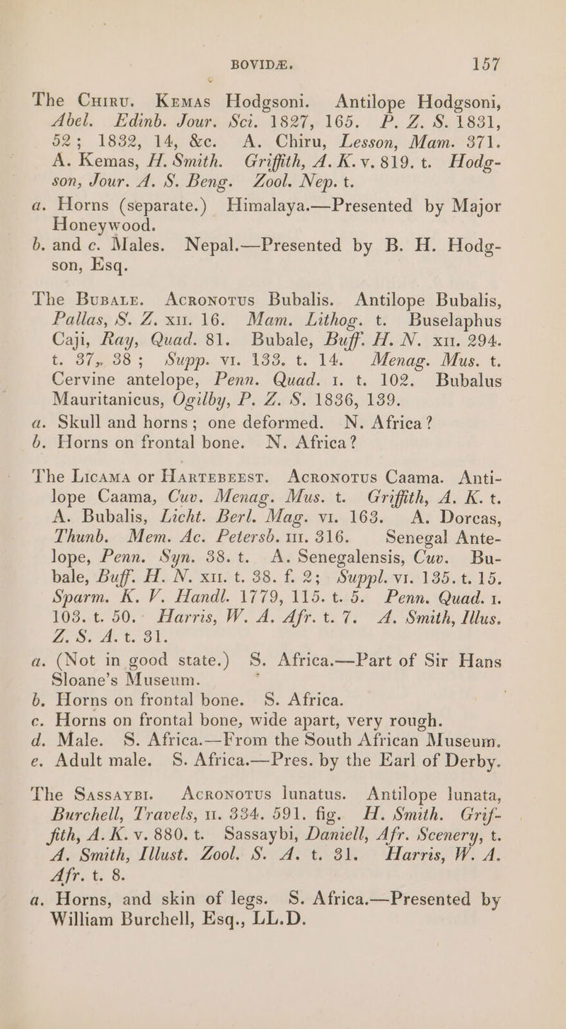 The Cuiru. Kemas Hodgsoni. Antilope Hodgsoni, Abel. Edinb. Jour. Sci. 1827, 165. P. Z. S. 1831, 92; 1832, 14, &amp;e. Aw. Chiru, Lesson, Mam.°371. A. Kemas, H. Smith. Griffith, A. K.v.819. t. Hodg- son, Jour. A. S. Beng. Zool. Nep. t. a. Horns (separate.) Himalaya.—Presented by Major Honeywood. b. and c. Males. Nepal.—Presented by B. H. Hodg- son, Esq. The Busatz. Acronorus Bubalis. Antilope Bubalis, Pallas, S. Z. xu. 16. Mam. Lithog. t. Buselaphus Caji, Ray, Quad. 81. Bubale, Buff. H. N. xu. 294. t. 3/5998 ; Supp. vis. 133. t. 14. . Menag. Mus. ¢. Cervine antelope, Penn. Quad. 1. t. 102. Bubalus Mauritanicus, Ogilby, P. Z. S. 1836, 139. a. Skull and horns; one deformed. N. Africa? 6. Horns on frontal bone. N. Africa? The Licama or Harteserst. Acronotus Caama. Anti- lope Caama, Cuv. Menag. Mus. t. Griffith, A. K. t. A. Bubalis, Licht. Berl. Mag. vi. 163. A. Dorcas, Thunb. Mem. Ac. Petersb. 11. 316. Senegal Ante- lope, Penn. Syn. 38.t. A. Senegalensis, Cuv. Bu- bale, ‘Buff, d1:.N. xust. 38. £2239 Supploavt] 35.15, Sparm. K. V. Handl. 1779, 115. t. 5. Penn. Quad. 1. 103. t. 50.- Harris, W. A. Afr.t. 7. A. Smith, Illus. lg ae Be ies a. (Not in good state.) S. Africa.—Part of Sir Hans Sloane’s Museum. : . Horns on frontal bone. 8S. Africa. . Horns on frontal bone, wide apart, very rough. Male. S. Africa.—From the South African Museum. . Adult male. 8S. Africa.—Pres. by the Earl of Derby. roan ow The Sassayst. Acronotus lunatus. Antilope lunata, Burchell, Travels, 1. 334. 591. fig. H. Smith. Grif- jith, A. K. v. 880. t. Sassaybi, Daniell, Afr. Scenery, t. A, Smith, Illust. Zool. S. A. t. 31. Harris, W. A. Afr. t. 8. a. Horns, and skin of legs. S. Africa.—Presented by William Burchell, Esq., LL.D.