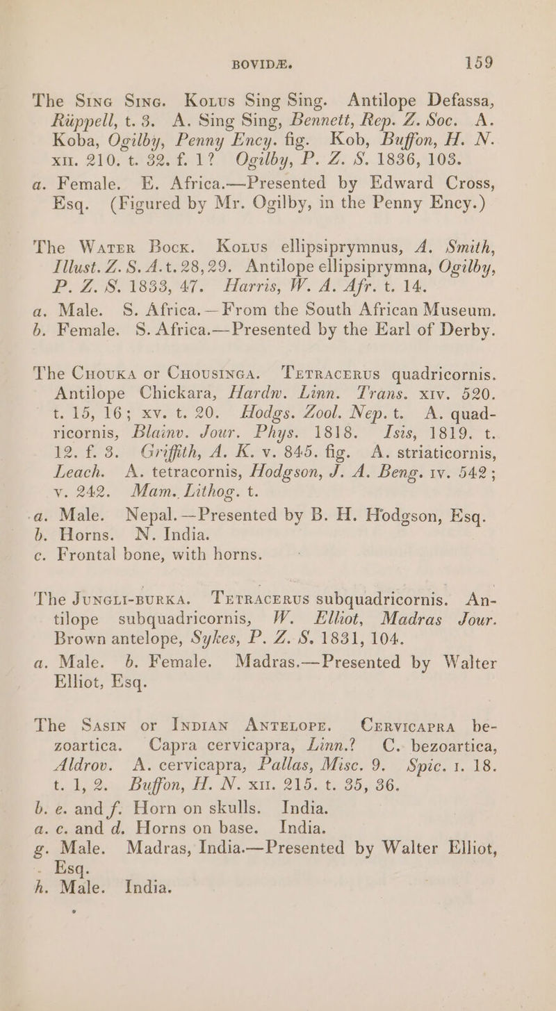 The Since Sine. Kotvus Sing Sing. Antilope Defassa, Riippell, t.3. A. Sing Sing, Bennett, Rep. Z. Soc. A. Koba, Ogilby, Penny Ency. fig. Kob, Buffon, H. N. xi, 210: ¢.° 32: f) 1?. Ogelby, P.Z. S..1836,103. a. Female. E. Africa.—Presented by Edward Cross, Esq. (Figured by Mr. Ogilby, in the Penny Ency.) The Water Bocx. Kotvs ellipsiprymnus, A. Smith, Tilust. Z. S. A.t.28,29. Antilope en ta Ogilby, Poe, 1865 4. Tarrisy W. AS Afr t, a. Male. S. Africa.—From the South oe oes b. Female. 8S. Africa.—Presented by the Earl of Derby. The Cuovxa or Cuousinca. TrErracerus quadricornis. Antilope Chickara, Hardw. Linn. Trans. xtv. 520. t. 15, 16; xv. t. 20. odgs. Zool. Nep.t. A. quad- ricornis, Blainv. Jour. Phys. 1818. Isis, 1819. t. 12. f. 3. Griffith, A. K. v. 845. fig. A. striaticornis, Leach. A. tetracornis, Hodgson, J. A. Beng. 1v. 542; vy. 242. Mam. Lithog. t. -a. Male. Nepal.—Presented by B. H. Hodgson, Esq. b. Horns. N. India. c. Frontal bone, with horns. The Juneii-purka. TrETRAcERUS subquadricornis. An- tilope subquadricornis, W. Elhot, Madras Jour. Brown antelope, Sykes, P. Z. S. 1831, 104. a. Male. 6. Female. Madras.—Presented by Walter Elliot, Esq. The Sasin or Inpian AnTEtorre. CeERvicarra be- zoartica. Capra cervicapra, Linn.? C..- bezoartica, Aldrov. A. cervicapra, Pallas, Misc. 9. Spic. 1. 18. fd, Oy Duy On, dt. IN. il, 21. t 95.50. b. e. and f. Horn on skulls. India. a. c. and d. Horns on base. India. g. Male. Madras, India.—Presented by Walter Elliot, Esq. 7 Mule. India.