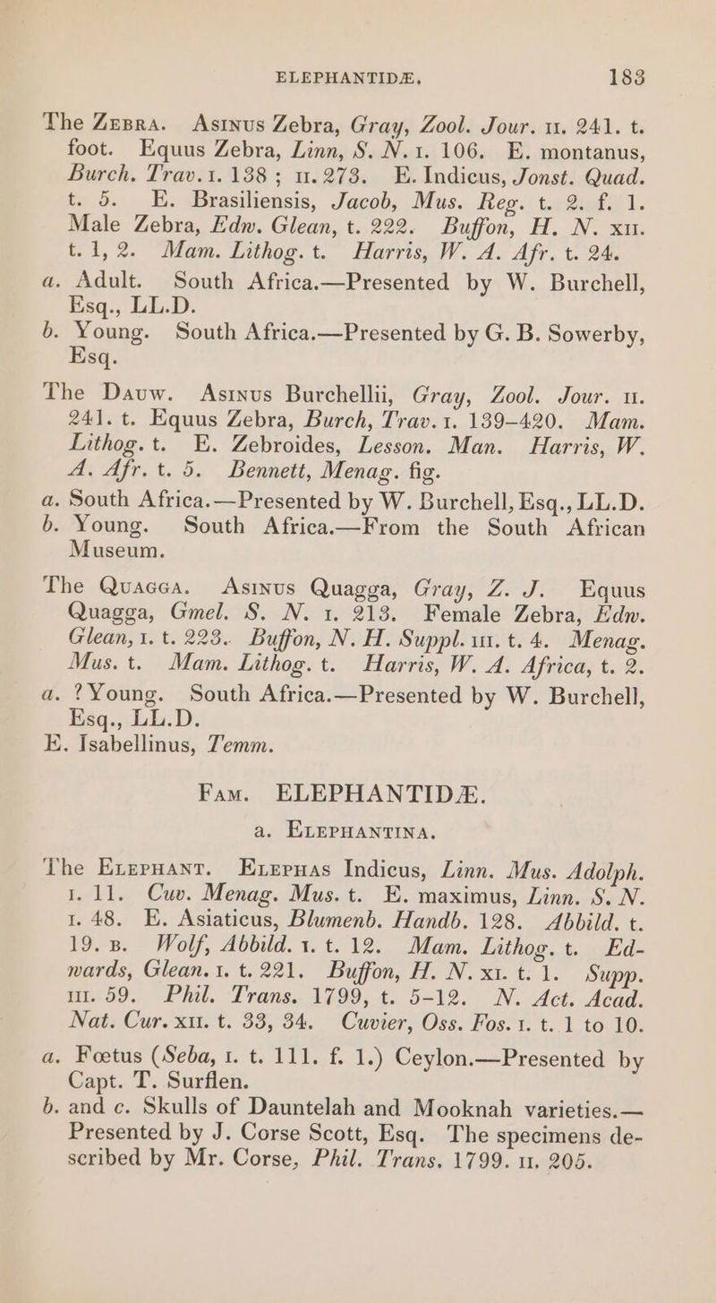 The Zesra. Astnus Zebra, Gray, Zool. Jour. 1. 241. t. foot. Equus Zebra, Linn, 8, N.1. 106. E. montanus, Burch. Trav.1. 138; 1.273. E.Indicus, Jonst. Quad. t. 5. _E. Brasiliensis, Jacob, Mus. Reg. t. 2. f. 1. Male Zebra, Edw. Glean, t. 222. Buffon, H. N. xu. t.1,2. Mam. Lithog.t. Harris, W. A. Afr. t. 24. a. Adult. South Africa.—Presented by W. Burchell, Ksq., LL.D. 6. Young. South Africa.—Presented by G. B. Sowerby, Esq. The Dauw. Asinus Burchellii, Gray, Zool. Jour. u. 241. t. Equus Zebra, Burch, Trav.1. 139-420. Mam. Lithog. t. E. Zebroides, Lesson. Man. Harris, W. A. Afr.t. 5. Bennett, Menag. fig. a. South Africa.—Presented by W. Burchell, Esq., LL.D. b. Young. South Africa——From the South African Museum. The Quacea. Asinus Quagga, Gray, Z. J. Equus Quagga, Gmel. S. N. 1, 213. Female Zebra, Hdw. Glean, 1. t. 223. Buffon, N. H. Suppl. in. t. 4. Menag. Mus. t. Mam. Lithog.t. Harris, W. A. Africa; t. 2. a. ?Young. South Africa.—Presented by W. Burchell, Esq., LL.D. E. Isabellinus, Zemm. Fam. ELEPHANTIDE. a. ELEPHANTINA. The EL.erHant. Exeruas Indicus, Linn. Mus. Adolph. 1.11. Cuv. Menag. Mus. t. E. maximus, Linn. S. N. 1.48. E. Asiaticus, Blumenb. Handb. 128. Abbild. t. 19.8. Wolf, Abbild.1.t.12. Mam. Lithog. t. Ed- wards, Glean. 1. t. 221. Buffon, H. N. x1. t.1. Supp. mr. 59. Phil. Trans. 1799, t. 5-12. N. Act. Acad. Nat. Cur. xu. t. 33, 34. Cuvier, Oss. Fos. t. t..1 to 10. a. Foetus (Seba, 1. t. 111. f. 1.) Ceylon.—Presented by Capt. T. Surflen. . and c. Skulls of Dauntelah and Mooknah varieties. — Presented by J. Corse Scott, Esq. The specimens de- scribed by Mr. Corse, Phil. Trans. 1799. 11. 205. o