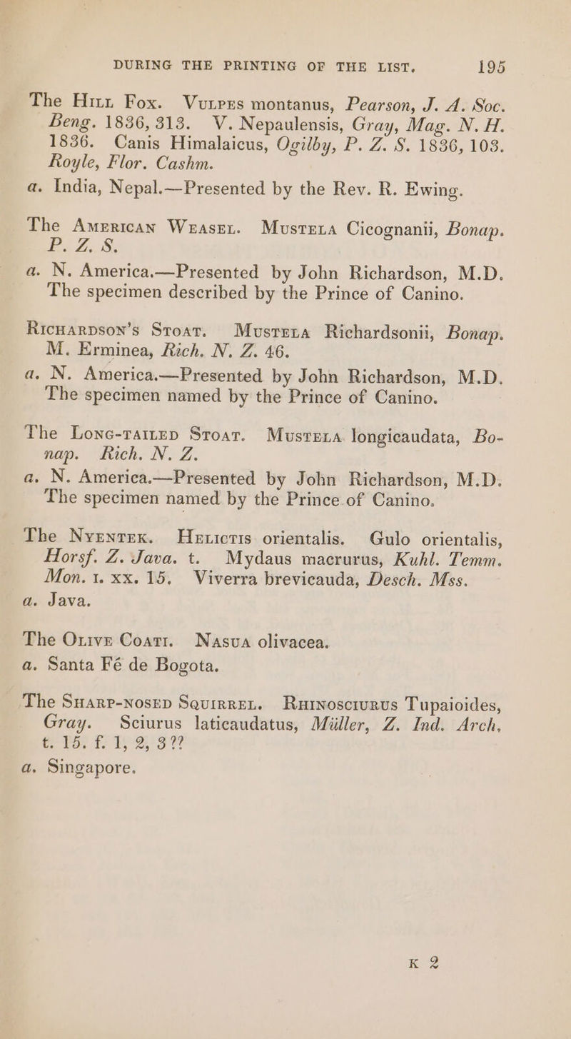 The Hitt Fox. Vurrses montanus, Pearson, J. A. Soc. Beng. 1836, 313. V. Nepaulensis, Gray, Mag. N. H. 1836. Canis Himalaicus, Ogilby, P. Z. S. 1836, 103. Royle, Flor. Cashm. a. India, Nepal.—Presented by the Rev. R. Ewing. The American Weaszt. Musteia Cicognanii, Bonap. Bee Zea, a. N. America.—Presented by John Richardson, M.D. The specimen described by the Prince of Canino. Ricuarpson’s Stoat. Musrera Richardsonii, Bonap. M. Erminea, Rich. N. Z. 46. a. N. America.—Presented by John Richardson, M.D. The specimen named by the Prince of Canino. The Lone-rairep Stroat. Musteza longicaudata, Bo- nap. ich. N. Z. a. N. America.—Presented by John Richardson, M.D. The specimen named by the Prince of Canino. The Nyentex. Hetictis orientalis. Gulo orientalis, Horsf. Z. Java. t. Mydaus macrurus, Kuhl. Temm. Mon. 1. xx. 15. Viverra brevicauda, Desch. Mss. a. Java. The Otive Coatt. Nasva olivacea. a. Santa Fé de Bogota. The Suarp-nosrep Squirret. Ratnoscrurus Tupaioides, Gray. Sciurus laticaudatus, Miiller, Z. Ind. Arch, Or Woe TS GS a, Singapore.