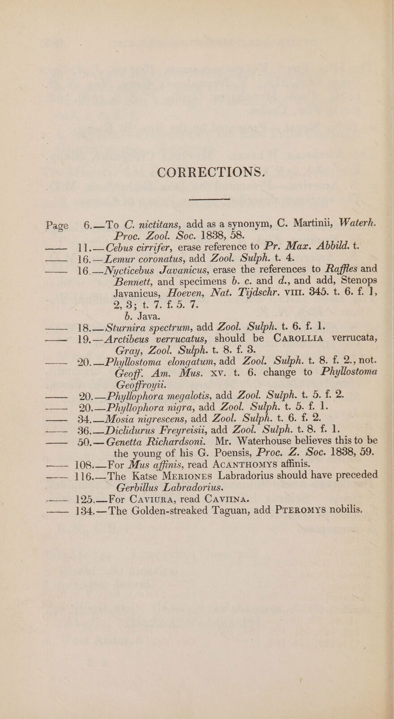 Page | | ae Pedals CORRECTIONS. 6.—To C. nictitans, add as asynonym, C. Martinii, Waterh. Proc. Zool. Soe. 1838, 58. 11.—Cebus cirrifer, erase reference to Pr. Max. Abbild. t. 16.—Lemur coronatus, add Zool. Sulph. t. 4. 16,—Nycticebus Javanicus, erase the references to Raffles and Bennett, and specimens 6. c. and d., and add, Stenops Javanicus, Hoeven, Nat. Tijdschr. vit. 345. t. 6. f. 1, Pe i a ad a 6. Java. 18.—Sturnira spectrum, add Zool. Sulph. t. 6. f£. 1. 19.—Arctibeus verrucatus, should be CAROLLiA verrucata, Gray, Zool. Sulph. t. 8. f. 3. 20.—Phyllostoma elongatum, add Zool. Sulph. t. 8. f. 2., not. Geoff. Am. Mus. xv. t. 6. change to Phyllostoma Geoffroyii. 20.—Phyllophora megalotis, add Zool. Suiph. t. 5. f. 2. 20.—Phyllophora nigra, add Zool. Sulph. t. 5. f. 1. 34. Mosia nigrescens, add Zool. Sulph. t. 6. f. 2. 36.—Diclidurus Freyreisit, add Zool. Sulph. t. 8. f. 1. 50.—Genetta Richardsoni. Mr. Waterhouse believes this to be the young of his G. Poensis, Proc. Z. Soc. 1838, 59. 108.—For Mus affinis, read AcANTHOMYS affinis. 116.—The Katse Merrones Labradorius should have preceded Gerbillus Labradorius. 125.—For Caviura, read CAVIINA. 134.—The Golden-streaked Taguan, add Preromys nobilis.