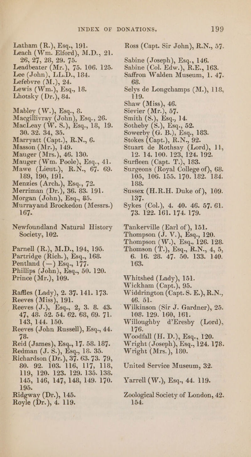 Leach (Wm. Elford), M.D., 21. 26, 27, 28, 29. 75. Leadbeater (Mr.), 75. 106. 125. Lee (John), LL.D., 184. Lefebvre (M.), 24. Lewis (Wm.), Esq., 18. Lhotsky (Dr.), 84. Mabley (W.), Esq., 8. Macgillivray (John), Esq., 26. MacLeay (W. S.), Esq., 18, 19. 30. 32. 34, 35. Marryatt (Capt.), R.N., 6. Masson (Mr.), 149. Mauger (Mrs.), 46. 130. Mauger (Wm. Poole), Esq., 41. Mawe (Lieut.), R.N., 67. 69. 189, 190, 191. Menzies (Arch.), Esq., 72. Merriman (Dr.), 36. 83. 191. Morgan (John), Esq., 85. Murrayand Brockedon ( Messrs.) 167. Newfoundland Natural History Society, 102. Parnell (R.), M.D., 194, 195. Partridge (Rich. ), Esq., 168. Pentland (—) Esq., 177. Phillips (John), Esq., 50. 120. Prince (Mr.), 109. Raffles (Lady), 2. 37. 141. 173. Reeves (Miss), 191. Reeves (J.), Esq., 2, 3. 8 43. 47, 48. 52. 54. 62. 68, 69. 71. 143, 144. 150. Reeves (John Russell), Esq., 44. 78 Reid (James), Esq., 17. 58. 187. Redman (J. S.), Esq., 18. 35. Richardson (Dr. ), 37. 63. 73. 79, 80. 92. 103. 116, 117, 118, 119, 120. 123. 129. 135. 138. 145, 146, 147, 148, 149. 170. 195. Ridgway (Dr.), 145. 199 Sabine (Joseph), Esq., 146. Sabine (Col. Edw.), R.E., 163. Saffron Walden Museum, 1. 47. 68. Selys de Longchamps (M.), 118, 119. Shaw (Miss), 46. Sievier (Mr.), 57. Smith (S.), Esq., 14. Sotheby (S.), Esq., 52. Sowerby (G. B.), Esq., 183. Stokes (Capt.), R.N., 92. Stuart de Rothsay (Lord), 1}, 12. 14, 100. 123, 124. 192. Surfleen (Capt. T.), 183. Surgeons (Royal College of), 68. 105, 106. 155. 170. 182. 184. 188. Sussex (H.R.H. Duke of), 109. 137. Sykes (Col.), 4. 40. 46. 57. 61. 73. 122. 161. 174. 179. Tankerville (Earl of ), 151. Thompson (J. V.), Esq., 120. Thompson (W.), Esq., 126. 128. Thomson (T.), Esq., R.N., 4, 5, 6. 16. 28. 47. 50. 133. 140. 163. Whitshed (Lady), 151. Wickham (Capt.), 95. Widdrington (Capt.S. E.), R.N., 46. 51. 108. 129. 160, 161. Willoughby d’Eresby (Lord), 176. Woodfall (H. D.), Esq., 120. Wright (Joseph), Esq., 124. 178. Wright (Mrs.), 180. United Service Museum, 32. Yarrell (W.), Esq., 44. 119. Zoological Society of London, 42.