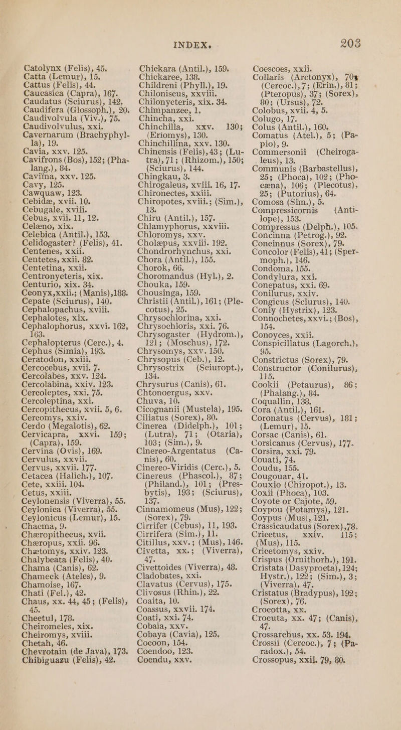 Catta (Lemur), 15. Cattus (Felis), 44. Caucasica (Capra), 167. Caudatus (Sciurus), 142, Caudifera (Glossoph.), 20. Caudivolvula (Viv.), 75. Caudivolvulus, xxi. ae (Brachyphyl- la), Cavia, xxv. 125. Cavifrons (Bos), 152; (Pha- lang.), 84. Caviina, xxv. 125. Cavy, 125. Cawquaw, 123. Cebide, xvii. 10. Cebugale, xviii. Cebus, xvii. 11, 12. Celzeno, xix, Celebica (Antil.), 153, Celidogaster? (Felis), 41. Centenes, xxii. Centetes, xxii. 82. Centetina, xxii. Centronycteris, xix. Centurio, xix. 34. Ceonyx,xxii.; (Manis) ,188. Cepate (Sciurus), 140. Cephalopachus, xviii. Cephalotes, xix. Ee ophorus, XXvVi. 162, 163. Cephalopterus (Cere.), 4. Cephus (Simia), 193. Ceratodon, xxiii. Cercocebus, xvii. 7. Cercolabes, xxv. 124. Cercolabina, xxiv. 123. Cercoleptes, xxi. 75. Cercoleptina, xxi. Cercopithecus, xvii. 5, 6. Cercomys, xxiv. Cerdo (Megalotis), 62. Cervicapra, XXvi. (Capra), 159. Cervina (Ovis), 169. Cervulus, xxvii. Cervus, xxvii. 177. Cetacea (Halich.), Cete, xxiii. 104. Cetus, XxXiii. Ceylonensis (Viverra), 55. Ceylonica (Viverra), 55. Ceylonicus (Lemur), 15. Chacma, 9. Cheropithecus, xvii. Cheropus, xxii. 96. Chetomys, xxiv. 123. Chalybeata (Felis), 40. Chama (Canis), 62. Chameck (Ateles), 9. Chamoise, ede Chati (Fel.), 42. Hbene: xx. 44, 45; (Felis), 159; 107. Cie 5 78. Cheiromeles, xix. Cheiromys, xviii. Chetah, 46. Chevrotain (de Java), 173. INDEX. Chickaree, 138. Childreni (Phyl. ) , 19. Chiloniscus, xxviil. Chilonycteris, xix. 34. Chimpanzee, 1. Chincha, xxi. Chinchilla, xxv. 1303 (Eriomys), 130. Chinchillina, xxv. 130. Chinensis (Felis), 43; (Lu- tra), 71; (Rhizom.), 1503 (Sciurus), 144. Chingkau, 3. Chirogaleus, xviii. 16, 17. Chironectes, xxiii. Chiropotes, xviii.; (Sim.), Chiru (Antil.), 157. Chlamyphorus, xxviii. Chloromys, xxv. Cholepus, xxviii. 192. Chondrorhynchus, xxi. Chora (Antil.), 155. Chorok, 66. Choromandus (Hyl.), 2. Chouka, 159. Chousinga, 159. Christii (Antil.), 161; (Ple- cotus), 25. Chrysochlorina, xxi. Chrysochloris, xxi. 76. Chrysogaster (Hydrom.), 121; (Moschus), 172. Chrysomys, xxv. 150. Chrysopus (Ceb.), 12. (Seiuropt.), 134, Chrysurus (Canis), 61. Chtonoergus, xxv. Chuva, 10. Cicognanii (Mustela), 195. Ciliatus (Sorex), 80. Cinerea (Didelph.), 101; (Lutra), 71; (Otaria), 103; (Sim.), 9. Cinereo-Argentatus (Ca- nis), 60. Cinereo-Viridis (Cerc.), 5. Cinereus (Phascol.), 873 (Philand.), 101; (Pres- bytis), 193; (Sciurus), 13 Cinnamomeus (Mus), 122; (Sorex), 79. Cirrifer (Cebus), 11, 193. Cirrifera (Sim.), 11. Citillus, xxv.; (Mus), 146. Civetta, xx.; (Viverra), 47. Civettoides (Viverra), 48, Cladobates, xxi. Clavatus (Cervus), 175. Clivosus (Rhin.), 22. Coaita, 10. Coassus, xxvii. 174. Coati, xxi. 74. Cobaia, xxv. Cobaya (Cavia), 125. Cocoon, 154. Coendoo, 123. 203 Collaris (Arctonyx), 70% (Cereoc.), 7; (Erin.), 813; (Pteropus), 37; (Sorex), 80; (Ursus), 72. Colobus, xvii. 4, 5. Colugo, 17. Colus (Antil.), 160, Comatus (Atel.), 5; (Pa- pio), 9. ; Commersonii (Cheiroga- leus), 13. eat &gt; (Barbastellus), 3 (Phoca), 102; (Pho- aay 106; (Plecotus), 25; (Putorius), 64. Comosa (Sim.), 5. : Compressicornis (Anti- lope), 153. Compressus (Delph.), 105. Concinna (Petrog.), 92. Coneinnus (Sorex), 79. Concolor (Felis), 41; (Sper- moph.), 146. Condoma, 155. Condylura, xxi. Conepatus, xxi. 69. Conilurus, xxiv. Congicus (Sciurus), 140. Coniy (Hystrix), 123. Connochetes, xxvi.; (Bos), 154, Conoyces, xxii. rh hae (Lagorch.}, ner (Sorex), 79. Cone Hgts (Conilurus), Oo Cookii Sones uaa! ss 0Uls (Phalang.), 8 Coquallin, 3 Cora (Antil.), 161. Coronatus (Cervus), 181; (Lemur), 15 Corsac (Canis), 61. Corsicanus (Cervus), 177. Corsira, xxi. 79. Couati, 74. Coudu, 155. Cougouar, 41. Couxio (Chiropot.), 13. Coxii (Phoca), 103. Coyote or Cajote, 59. Coypou (Potamys), 121. Coypus (Mus), 121. Crassicaudatus (Sorex) ,78. Cricetus, xxiv. 415; (Mus), 115. Cricetomys, xxiv. Crispus (Ornithorh.), 191. Cristata (Dasyprocta), 124; Hystr.), 122; (Sim.), 3; (Viverra), 47. Cristatus (Bradypus) » 192; (Sorex), 76. Croeotta, xx. he xx. 47; (Canis), Crossarechus, xx. 53. 194, Crossii (Cereoce.), 73 (Pa- radox.), 54.