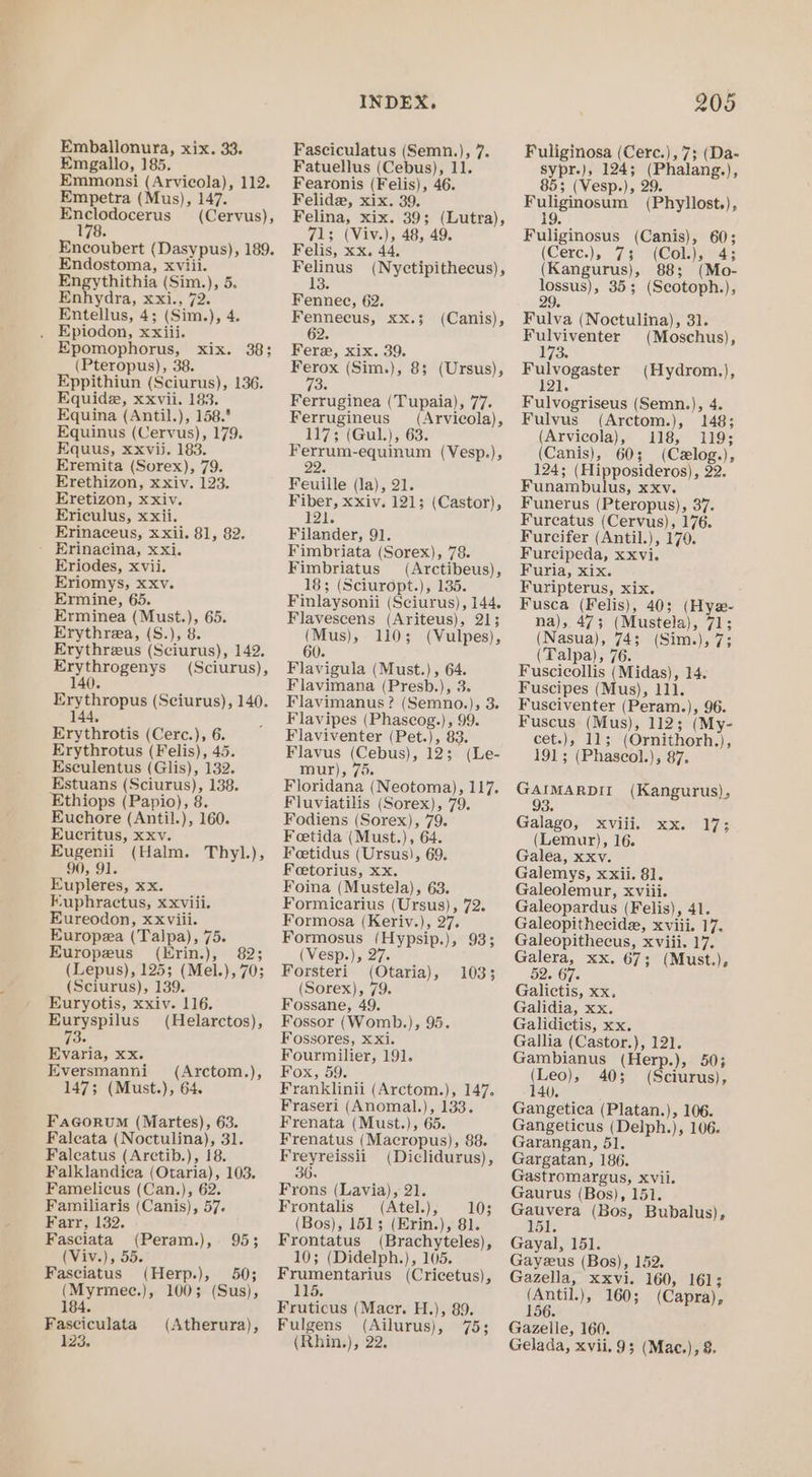 Emgallo, 185. Emmonsi (Arvicola), 112. Empetra (Mus), 147. Enclodocerus (Cervus), 178 Encoubert (Dasypus), 189. Endostoma, xviii. Engythithia (Sim.), 5. Enhydra, xxi., 72. Entellus, 4; (Sim.), 4. . Epiodon, xxiii. Epomophorus, (Pteropus), 38. Eppithiun (Sciurus), 136. Equide, xxvii. 183. Equina (Antil.), 158. Equinus (Cervus), 179. Equus, xxvii. 183. Eremita (Sorex), 79. Erethizon, xxiv. 123. Eretizon, xxiv. Ericulus, xxii. Erinaceus, xxii. 81, 82. Erinacina, xxi. Eriodes, xvii. Eriomys, xxv. Ermine, 65. Erminea (Must.), 65. Erythrea, (S.), 8. Erythreeus (Sciurus), 142. Erythrogenys (Sciurus), 140. Rik. SEs Erythropus (Sciurus), 140. 144, Erythrotis (Cerc.), 6. Erythrotus (Felis), 45. Esculentus (Glis), 132. Estuans (Sciurus), 138. Ethiops (Papio), 8. Euchore (Antil.), 160. Eucritus, xxv. Eugenii (Halm. Thyl.), 90, 91 Eupleres, xx. Fuphractus, xxviii. Eureodon, xxviii. Europea (Talpa), 75. Europeus (Hrin.), 82; (Lepus), 125; (Mel.), 70; (Sciurus), 139. Euryotis, xxiv. 116. Euryspilus (Helarctos), [Be Evaria, xx. Eversmanni (Arctom.), 147; (Must.), 64. Facorum (Martes), 63. Faleata (Noctulina), 31. Faleatus (Arctib.), 18. Falklandica (Otaria), 103. Famelicus (Can.), 62. Familiaris (Canis), 57. Farr, 132. Fasciata (Peram.), 95; (Viv.), 55. Fasciatus (Herp.), 50; (Myrmece.), 100; (Sus), 184. Fasciculata (Atherura), 123. INDEX. Fatuellus (Cebus), 11. Fearonis (Felis), 46. Felidae, xix. 39, Felina, xix. 39; (Lutra), 71; (Viv.), 48, 49. Felis, xx. 44, Felinus (Nyctipithecus), 13. Fennec, 62. Fennecus, xx.3 62. Fere, xix. 39. Ferox (Sim.), 3 (Canis), 8; (Ursus), Ferruginea (Tupaia), 77. Ferrugineus (Arvicola), 117; (Gul.), 63. Ferrum-equinum (Vesp.), 29% Feuille (la), 21. Fiber, xxiv. 121; (Castor), Pas Filander, 91. Fimbriata (Sorex), 78. Fimbriatus (Arctibeus), 18; (Sciuropt.), 135. Finlaysonii (Sciurus), 144. Flavescens (Ariteus), 21; es 110; (Vulpes), () Flavigula (Must.), 64. Flavimana (Presb.), 3. Flavimanus? (Semno.), 3. Flavipes (Phascog.), 99. Flaviventer (Pet.), 83. Flavus (Cebus), 12; (Le- mur), 75. Floridana (Neotoma), 117. Fluviatilis (Sorex), 79. Fodiens (Sorex), 79. Feetida (Must.), 64. Fetidus (Ursus), 69. Feetorius, xx. Foina (Mustela), 63. Formicarius (Ursus), 72. Formosa (Keriv.), 27. Formosus (Hypsip.), 93; (Vesp.), 27. ’ Forsteri (Otaria), 103; (Sorex), 79. Fossane, 49. Fossor (Womb.), 95. Fossores, X Xi. Fourmilier, 191. Fox, 59. Franklinii (Arctom.), 147. Fraseri (Anomal.), 133. Frenata (Must.), 65. Frenatus (Macropus), 88. Freyreissii (Diclidurus), 36 Frons (Lavia), 21. Frontalis (Atel.), 103 (Bos), 151; (Erin.), 81. Frontatus (Brachyteles), 10; (Didelph.), 105. Frumentarius (Cricetus), Fruticus (Macr. H.), 89. Fulgens (Ailurus), 75; 205 Fuliginosa (Cerc.), 7; (Da- sypr.), 124; (Phalang.), 85; (Vesp.), 29. Fuliginosum (Phyllost.), 19. Fuliginosus (Canis), 60; (Ceres); 7/3) “Col 43 (Kangurus), 88; (Mo- lossus), 35; (Scotoph.), Fulva (Noctulina), 31. Fulviventer (Moschus), 3 Fulvogaster (Hydrom.), 121. Fulvogriseus (Semn.), 4. Fulvus (Arctom.), 148; (Arvicola), 118, 119; (Canis), 60; (Celog.), 124; (Hipposideros), 22. Funambulus, xxv. Funerus (Pteropus), 37. Furcatus (Cervus), 176. Furcifer (Antil.), 170. Furcipeda, xxvi. Furia, xix. Furipterus, xix. Fusca (Felis), 40; (Hyzx- na), 47; (Mustela), 71; (Nasua), 74; (Sim.), 7; (Talpa), 76. Fuscicollis (Midas), 14. Fuscipes (Mus), 111. Fusciventer (Peram.), 96. Fuscus (Mus), 112; (My- cet.), 11; (Ornithorh.), 191; (Phascol.), 87. GAIMARDII (Kangurus), 93. Galago, xviii. xx. 17; (Lemur), 16. Galea, xxv. Galemys, xxii. 81. Galeolemur, xviii. Galeopardus (Felis), 41. Galeopithecidz, xviii. 17. Galeopithecus, xviii. 17. Galera, xx. 67; (Must.), 52. 67. Galictis, xx. Galidia, xx. Galidictis, xx. Gallia (Castor.), 121. Gambianus (Herp.), 50; (Leo), 40; (Sciurus), 140. Gangetica (Platan.), 106. Gangeticus (Delph.), 106. Garangan, 51. Gargatan, 186. Gastromargus, xvii. Gaurus (Bos), 151. oo (Bos, Bubalus), ol. Gayal, 151. Gayeus (Bos), 152, Gazella, xxvi. 160, 161; (Antil.), 160; (Capra), 156. Gazelle, 160.