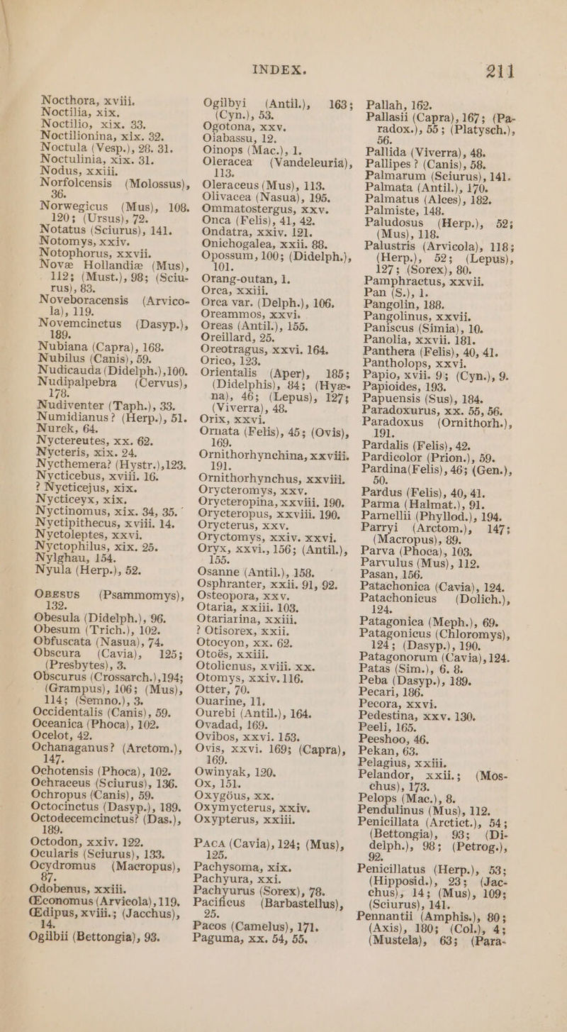 Noctilia, xix, Noctilio, xix. 33, Noctilionina, xix. 32. Noctula (Vesp.), 28. 31. Noctulinia, xix. 31. Nodus, xxiii. Norfolcensis (Molossus), 36. Norwegicus (Mus), 108. 120; (Ursus), 72. Notatus (Sciurus), 141. Notomys, xxiv. Notophorus, xxvii. ove Hollandiw (Mus), 112; (Must.), 98; (Sciu- rus), 83, Noveboracensis (Arvico- la), 119. Novemcinctus (Dasyp.), 189 Nubiana (Capra), 168. Nubilus (Canis), 59. Nudicauda (Didelph.),100. Nudipalpebra (Cervus), 178 70+ Nudiventer (Taph.), 33. Numidianus? (Herp.), 51. Nurek, 64. Nyctereutes, xx. 62. Nycteris, xix. 24, Nycthemera? (Hystr.),123. Nycticebus, xviii. 16. ? Nycticejus, xix. Nycticeyx, xix. Nyctinomus, xix. 34, 35. Nyctipithecus, xviii. 14. Nyctoleptes, xxvi. Nyctophilus, xix. 25. Nylghau, 154. Nyula (Herp.), 52. OBESUS 132. Obesula (Didelph.), 96. Obesum (Trich.), 102. Obfuscata (Nasua), 74. Obscura (Cavia), 125; (Presbytes), 3. Obscurus (Crossarch.),194; (Grampus), 106; (Mus), 114; (Semno.), 3. Occidentalis (Canis), 59. Oceanica (Phoca), 102. Ocelot, 42. aaa ? (Aretom.), 147. (Psammomys), Ochotensis (Phoca), 102. Ochraceus (Sciurus), 136. Ochropus (Canis), 59. Octocinctus (Dasyp.), 189. Octodecemcinctus? (Das.), 189. Octodon, xxiv. 122, Ocularis (Sciurus), 133. Ocydromus (Macropus), 8 Odobenus, xxiii. @conomus (Arvicola), 119, dipus, xviii.; (Jacchus), 14 Ogilbii (Bettongia), 93. INDEX, Ogilbyi (Antil.), (Cyn.), 53. Ogotona, xxv. 1633 Oiabassu, 12 Oinops (Mac.), Is Oleracea (Vandeleuria), ES: Oleraceus (Mus), 113. Olivacea (Nasua), 195. Ommatostergus, xxv. Onca (Felis), 41, 42. Ondatra, xxiv. 121. Onichogalea, xxii. 88. Opossum, 100; (Didelph.), 101. Orang-outan, 1. Orea, XXiii. Orea var. (Delph.), 106, Oreammos, xxvi. Oreas (Antil.), 155. Oreillard, 25, Oreotragus, xxvi. 164. Orico, 123. Orientalis (Aper), 185; (Didelphis), 84; (Hye na), 46; (Lepus), 1273 (Viverra), 48, Orix, xxvi. Omnata (Felis), 45; (Ovis), 169. Ornithorhynchina, XXViii. 191. Ornithorhynchus, xxviii. Orycteromys, xxv. Orycteropina, xxviii. 190. Orycteropus, xxviii. 190. Orycterus, xxv. Oryctomys, xxiv. xxvi. Oryx, xXvi., 156; (Antil.), 155. Osanne (Antil.), 158. Osphranter, xxii. 91, 92. Osteopora, xxv. Otaria, xxiii. 103. Otariarina, xxiii, ? Otisorex, xxii. Otocyon, xx. 62. Otoés, xxiii. Otolienus, xviii. xx. Otomys, xxiv. 116. Otter, 70. Ouarine, 11, Ourebi (Antil.), 164. Ovadad, 169. Ovibos, xxvi. 153. Ovis, xxvi. 169; (Capra), 169. Owinyak, 120. Ox, 151. Oxygoéus, xx. Oxymycterus, xxiv. Oxypterus, xxiii. Paca (Cavia), 124; (Mus), 125, Pachysoma, xix. Pachyura, xxi. Pachyurus (Sorex), 78. re cus (Barbastellus), 25. Pacos (Camelus), 171. Paguma, xx. 54, 55. 211 Pallah, 162. Pallasii (Capra), 167; (Pa- radox.), 55; (Platysch.), 56 Pallida (Viverra), 48. Pallipes ? (Canis), 58. Palmarum (Sciurus), 141. Palmata (Antil.), 170. Palmatus (Alees), 182. Palmiste, 148. Paludosus_ (Herp.), (Mus), 118. Palustris (Arvicola), 118; (Herp.), 52; (Lepus), 127; (Sorex), 80. Pamphractus, xxvii. Pan (S:)5als Pangolin, 188. Pangolinus, xxvii. Paniscus (Simia), 10. Panolia, xxvii. 181. Panthera (Felis), 40, 41. Pantholops, xxvi. Papio, xvii. 9; (Cyn.), 9. Papioides, 193. Papuensis (Sus), 184. Paradoxurus, xx. 55, 56. Beers (Ornithorh.), 191. Pardalis (Felis), 42. Pardicolor (Prion.), 59. Hepdinaty ets) &gt; 46; (Gen.), 0. Pardus (Felis), 40, 41. Parma (Halmat.), 91. Parnellii (Phyllod.), 194. Parryi (Arctom.), 147; (Macropus), 89. Parva (Phoca), 103. Parvulus (Mus), 112. Pasan, 156. Patachonica (Cavia), 124. Patachonicus (Dolich.), 525 Patagonica (Meph.), 69. Patagonicus (Chloromys), 124; (Dasyp.), 190. Patagonorum (Cavia), 124. Patas (Sim.), 6. 8. Peba (Dasyp.), 189. Pecari, 186. Pecora, xxvi. Pedestina, xxv. 130. Peeli, 165. Peeshoo, 46. Pekan, 63. Pelagius, xxiii. Pelandor, xxii.; chus), 173. Pelops (Mac.), 8. Pendulinus (Mus), 112. Penicillata (Arctict.), 54; (Bettongia), 93; (Di- Cal 98; (Petrog.), 2 (Mos- Penicillatus (Herp.), 53; (Hipposid.), 23; (Jac- hun 14; (Mus), 109; (Sciurus), 141. Pennantii (Amphis.), 80; (Axis), 180; (Col.), 4; (Mustela), 63; (Para-