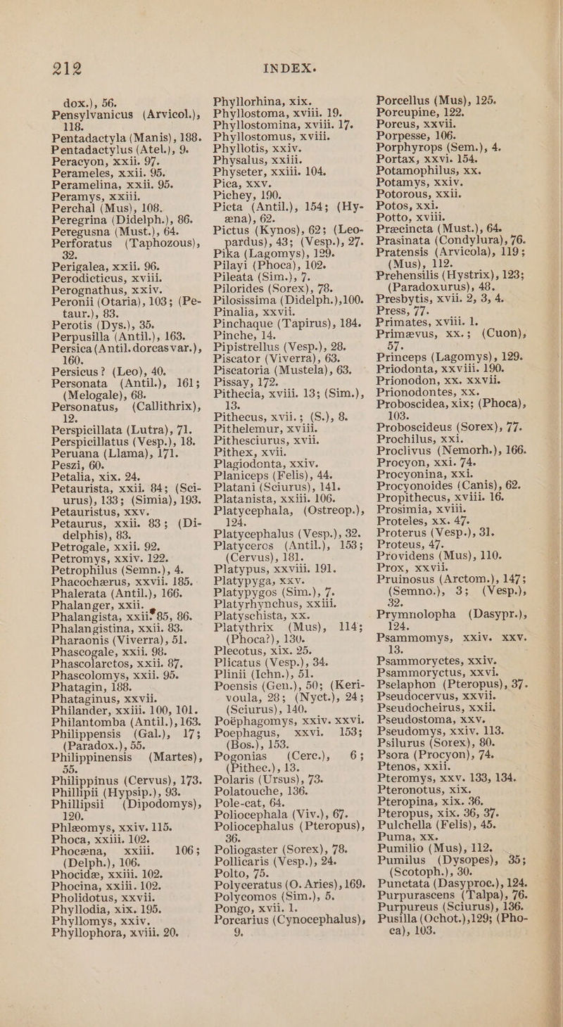 dox.), 56. Pensylvanicus (Arvicol.), 118. Pentadactyla (Manis), 188. Pentadactylus (Atel.), 9. Peracyon, xxii. 97. Perameles, xxii. 95. Peramelina, xxii. 95. Peramys, XXili. Perchal (Mus), 108. Peregrina (Didelph.), 86. Peregusna (Must.), 64. Perforatus (Taphozous), 32. Perigalea, xxii. 96. Perodicticus, xviii. Perognathus, xxiv. Peronii (Otaria), 103; (Pe- taur.), 83. Perotis (Dys.), 35. Perpusilla (Antil.), 163. Persica (Antil. dorcasvar.), 160. Persicus? (Leo), 40. Personata (Antil.), 161; (Melogale), 68. Personatus, (Callithrix), Perspicillata (Lutra), 71. Perspicillatus (Vesp.), 18. Peruana (Llama), 171. Peszi, 60. Petalia, xix. 24. Petaurista, xxii. 84; (Sci- urus), 183; (Simia), 193. Petauristus, xxv. Petaurus, xxii. 83; (Di- delphis), 83. Petrogale, xxii. 92. Petromys, xxiv. 122. Petrophilus (Semn.), 4. Phacocherus, xxvii. 185. Phalerata (Antil.), 166. Phalanger, xxii. ; Phalangista, xxii. 85, 86. Phalan gistina, xxii. 83. Pharaonis (Viverra), 51. Phascogale, xxii. 98. Phascolarctos, xxii. 87. Phascolomys, xxii. 95. Phatagin, 188. Phataginus, xxvii. Philander, xxiii. 100, 101. Philantomba (Antil.), 163. Philippensis (Gal.), 173 (Paradox.), 55. Philippinensis (Martes), 55 Dd. Philippinus (Cervus), 173. Philhipii (Hypsip.), 93. Phillipsii (Dipodomys), 120. Phleomys, xxiv. 115. Phoca, xxiii. 102. Phoeceena, Xxiii. (Delph.), 106. Phocide, xxiii. 102. Phocina, xxiii. 102. Pholidotus, xxvii. Phyllodia, xix. 195. Phyllomys, xxiv. Phyllophora, xviii. 20. 106 $ Phyllorhina, xix. Phyllostoma, xviii. 19. Phyllostomina, xviii. 17. Phyllostomus, xviii. Phyllotis, xxiv. Physalus, xxiii. Physeter, xxiii. 104. Pica, XXv. Pichey, 190. Picta (Antil.), 154; (Hy- ena), 62. Pictus (Kynos), 62; (Leo- pardus), 43; (Vesp.), 27. Pika (Lagomys), 129. Pilayi (Phoca), 102. Pileata (Sim.), 7. Pilorides (Sorex), 78. Pilosissima (Didelph.),100. Pinalia, xxvii. Pinchaque (Tapirus), 184. Pinche, 14. Pipistrellus (Vesp.), 28. Piscator (Viverra), 63. Piscatoria (Mustela), 63. Pissay, 172. Pithecia, xviii. 13; (Sim.), 13s Pithecus, xvii.; (S.), 8. Pithelemur, xviii. Pithesciurus, xvii. Pithex, xvii. Plagiodcnta, xxiv. Planiceps (Felis), 44. Platani (Sciurus), 141. Platanista, xxiii. 106. Platycephala, (Ostreop.), 124 Platycephalus (Vesp.), 32. Platyceros (Antil.), 153; (Cervus), 181. Platypus, xxviii. 191. Platypyga, xxv. Platypygos (Sim.), 7. Platyrhynehus, xxiii. Platyschista, xx. Platythrix (Mus), (Phoca?), 130. Plecotus, xix. 25. Plicatus (Vesp.), 34. Plinii (Ichn.), 51. Poensis (Gen.), 50; (Keri- voula, 28; (Nyet.), 245 (Sciurus), 140. Poéphagomys, xxiv. XXvi. 114; Poephagus, xxvi. 153; (Bos.), 153. Pogonias (Cere.), 63 (Pithec.), 13. Polaris (Ursus), 73. Polatouche, 136. Pole-cat, 64. Poliocephala (Viv.), 67. Poliocephalus (Pteropus), 36 Poliogaster (Sorex), 78. Pollicaris (Vesp.), 24- Polto, 75. Polyceratus (O. Aries), 169. Polyeomos (Sim.), 5. Pongo, xvii. 1. Porearius (Cynocephalus), Porcellus (Mus), 125. Porcupine, 122. Poreus, xxvii. Porpesse, 106. Porphyrops (Sem.), 4. Portax, xxvi. 154. Potamophilus, xx. Potamys, XxXiv. Potorous, XXii. Potos, xxi. Potto, xviii. Preeincta (Must.), 64 Prasinata (Condylura), 76. Pratensis (Arvicola), 119; (Mus), 112. Prehensilis (Hystrix), 123; (Paradoxurus), 48. Presbytis, xvii. 2, 3, 4. Press, 77. Primates, xviil. 1. Primevus, XX.3 57. Princeps (Lagomys), 129. Priodonta, xxviii. 190. Prionodon, xx. XXVii. Prionodontes, XxX. Proboscidea, xix; (Phoca), 103. Proboscideus (Sorex), 77. Prochilus, xxi. Proclivus (Nemorh.), 166. Procyon, xxi. 74. Procyonina, xxi. Procyonoides (Canis), 62. Propithecus, Xviii. 16. Prosimia, xviii. Proteles, xx. 47. Proterus (Vesp.), 31. Proteus, 47. Providens (Mus), 110. Prox, xxvii. Pruinosus (Arctom.), 147; (Cuon); (Semno.), 3; (Vesp.); 32. Prymnolopha (Dasypr.), 124. Psammomys, XXiV. XXV. 13 Psammoryctes, xxiv. Psammoryctus, xxvVi. Pselaphon (Pteropus), 37. Pseudocervus, XXVii. Pseudocheirus, xxii. Pseudostoma, XXV. Pseudomys, xxiv. 113. Psilurus (Sorex), 80. Psora (Procyon), 74. Ptenos, xxii. Pteromys, xxv. 133, 134. Pteronotus, xix. Pteropina, xix. 36. Pteropus, xix. 36, 37. Pulchella (Felis), 45. Puma, xx. Pumilio (Mus), 112. Pumilus (Dysopes), 35; (Scotoph.), 30. Punctata (Dasyproe.), 124. Purpurascens (Talpa), 76. Purpureus (Sciurus), 136. Pusilla (Ochot.),129; (Pho- ea), 103.