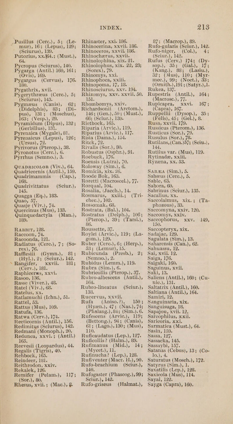 ¢ _Pusillus (Cerc.), 5; (Le- mur), 16; (Lepus), 129; ao xx.f64.; (Must.), Pygarga (Antil.) 160, 161; Pygargus (Cervus), 176. 180. Pygathrix, xvii. Pygerythreus (Cere.), 5; (Didelphis), 83; (Di- pus), 131; (Moschus), 163; (Vesp.), 29. Pyramidum (Dipus), 132; (Gerbillus), 131. Pyrenaica (Mygale), 81. Pyrenaicus (Lepus), 126; Pyrivorus (Pterop.), 38. Pyronotus (Cerc.), 6. Pyrrhus (Semno.), 3. Quadrimammis (Cap.), 168. Quadrivittatus (Sciur.), 1 Quagga (Eq.), 183. Quasje (Viv.), 74. Quercinus (Mus), 133. Quinquedactyla (Man.), 189. RABBIT, 128. Raccoon, 74. Racoonda, 121. Radiatus (Cere.), 7; (So- Rafflesiii (Gymn.), 81; (Hyl.), 2; (Sciur.), 142, Rangifer, xxvii. 181; (Cerv.), 181. Raphicerus, xxvi. Rasoo, 136. Rasse (Viver.), 48. Ratel (Viv.), 68. Ratelus, xx. Ratlamuchi (Ichn.), 51. Rattel, 53. Rattus (Mus), 109. Ratufa, 136. Ratwa (Cerv.), 174. Recticornis (Antil.), 156. Redimitus (Sciurus), 142. Redmani (Monoph.), 20. Redunea, xxvi.; (Antil.) 165. Reevesii (Leopardus), 44. Regalis (Tigris), 40. Rehbock, 165. Reindeer, 181. Reithrodon, xxiv. Rekalek, 126. Remifer (Pelam.), 117; (Sor.), 80. Rhesus, xvii.; (Mac.), 8. INDEX. Rhinaster, xxi. 186. Rhinocerina, xxvii. 186. Rhinocherus, xxvii. Rhinolophina, xix. 21. (Sorex), 79. Rhinophoea, xxiii. Rhinopoma, 17, 18. Rhinosciurus, xxv. 194, Rhizomys, XXv. xxvii. 50. Richardsonii (Arctom.), 146; (Gen.), 50; (Must.), 66; (Sciur.), 139. Rietbock, 165. Riparia (Arvic.), 119. Riparius (Arvic.), 117. Risia (Dama.), 154. Rivalis (Sor.), 80. Robustus (Osphr.), 91. Roebuck, 176. Roensis (Lutra), 70. Roode Bok, 163. Roretti (Macroscel.), 77. Rorqual, 104. Rosalia, (Jaech.), 14. Rosmarus, Xxlii.; Rossomak, 68. Rostrata, (Bal.), 104. Rostratus (Delph.), 106; aoe 39; (Tarsi.), 86. (Tri- Roussette, 37. Roylei (Arvic.), 119; (La- gom.), 129. Ruber (Cere.), 6; (Herp.), Rubicunda (Presb.), 23 (Semno.), 2. Rubidus (Lemm.), 119. Rubra (Sim.), 6. Rubricollis (Pterop.), 37. Rubro-albescens (Antil.), 164. Rubro-lineatus (Sciur.), 33. Rucervus, xxvii. Ruta ((Anisost), om 150}: (Hyzen.), 47; (Nas.), 74; (Phalang.),84; (Sim.). 6. Rufescens (Arvie.), 119; (Bettong.), 94; (Canis), 61; (Lago.), 130; (Mus), 110. Ruficaudatus (Lep.), 127. Ruficollis? (Halm.), 89. Rufimanus (Mid.), 14; (Myeet.), 11. Rufinucha? (Lep.), 128. Rufiventer (Maer. H.), 90. Rufo-brachium (Sciur.), 140. Rufogaster (Phascog.), 99; Sciur.), 142. Rufo-griseus (Halmat.), 213 87; (Macrop.), 89. Rufo-gularis (Seiur.), 142. (Seiur.), 142. Rufus (Cerv.) 174; (Dy- (Kang.), 88; (Lasiu.), mec.), 99; (Noct.), 33; (Ornith.),191; (Satyr.),1. Rukea, 137. Rupestris (Antil.), 164; (Capra), 167. Ruppellii (Dysop.), 353; (Felis), 45; (Gel.), 8. Rusa, xxvii. 179. Russicus (Pterom.), 136. Rusticus (Sor.), 79. Rusulus (Sor.), 78. RC one KCanh eis (Seiu.), 4 Rutilus var. (Mus), 119. Rytinade, xxiii. Ryzena, xx. 53. Sabeeus (Cere.), 5. Sable, 63. Sabora, 60. Sabrinus (Sciur.), 135. Sacalius, xx. phozous), 33. Saeccomyna, xxiv, 120. Saccomys, xxiv. Saccophorus, xxv. 149, 50. Saccopteryx, xix. Sadajac, 129. Sagulata (Sim.), 13. Saharensis (Can.), 62. Satj xvils 12; Saiga, 176. Saigaki, 160. Saguinus, xvii. Saki, 13. Saliens (Antil.), 160; (Cu- nic.), 131. Saltatrix (Antil.), 160. Saltiana (Antil.), 164. Samiri, 12. Sanguinaria, xix. Sanguisuga, 18. Sapajou, xvii. 12. Sarcophilus, xxii. Saricoria, xxi. Sarmatica (Must.), 64. Sasin, 159. Sassa, 127. Sassacka, 145. Sassaybi, 157. iter (Cebus), 13; (Co- 0.), 4. Saturatus (Mosch.), 172. Satyrus (Sim.), 1. Saxatilis (Lep.), 128. Saxicola (Mus), 114, Sayal, 122. Sayga (Capra), 160.