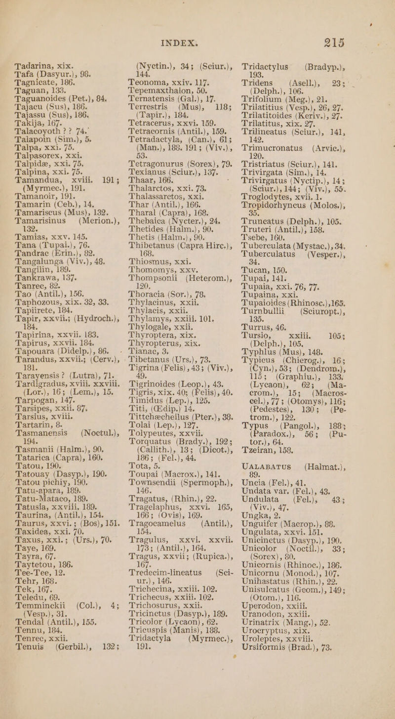 Tafa (Dasyur.), 98. Tagnicate, 186. Taguan, 133. Taguanoides (Pet.), 84. Tajacu (Sus), 186. Tajassu (Sus), 186. Takija, 167. Talacoyoth ?? 74. Talapoin (Sim.), 5. Talpa, xxi. 75. Talpasorex, XxXi. Talpide, xxi. 75. Talpina, xxi. 75. Tamandua, xviii. (Myrmec.), 191. Tamanoir, 191. Tamarin (Ceb.), 14, Tamariscus (Mus), 132. Tamarisinus (Merion.), 132. Tamias, xxv. 145. Tana (Tupai.), 76. Tandrac (Erin.), 82. Tangalunga (Viv.), 48. Tangilin, 189. Tankrawa, 137. Tanrec, 82. Tao (Antil.), 156. Taphozous, xix. 32, 33. Tapiirete, 184. Tapir, xxvii.; (Hydroch.), 184, 1913 Tapirina, xxvii. 183. Tapirus, xxvii. 184. Tapouara (Didelp.), 86. Tarandus, xxvii.; (Cerv.), 181. Tarayensis ? (Lutra), 71. Tardigradus, xviii, xxviii. (Lor.), 16; (Lem.), 15. Tarpogan, 147. Tarsipes, xxii. 87, Tarsius, XVili. Tartarin, 8. Tasmanensis 194. Tasmanii (Halm.), 90. Tatarica (Capra), 160. Tatou, 190. : Tatouay (Dasyp.), 190. Tatou pichiy, 190. Tatu-apara, 189. Tatu-Mataco, 189. Tatusia, xxviii, 189. Taurina, (Antil.), 154. Taurus, xxvi.; (Bos), 151. Taxidea, xxi. 70. Taxus, xxi.; (Urs.), 70. Taye, 169. Tayra, 67. Taytetou, 186. Tee-Tee, 12. (Noctul.), Temminckii (Col.), 4; ey ol. Tendal (Antil.), 155. Tennu, 184 Tenrec, xxii. Tenuis (Gerbil.), 132; INDEX. 144. Teonoma, xxiy. 117. Tepemaxthalon, 50. Ternatensis (Gal.), 17. Terrestris (Mus), (Tapir.), 184. Tetracerus, xxvi. 159. Tetracornis (Antil.), 159. Tetradactyla, (Can.), 613 (Man.), 188. 1913; (Viv.), 53 118; Tetragonurus (Sorex), 79. Texianus (Sciur.), 137. Thaar, 166 Thalarctos, xxi. 73. Thalassaretos, xxi. Thar (Antil.), 166. Tharal (Capra), 168. Thebaica (Nycter.), 24. Thetides (Halm.), 90. Thetis (Halm.), 90. Thibetanus (Capra Hire,), 168. Thiosmus, xxi. Thomomys, xxv. ha aaa (Heterom.), 120. Thoracia (Sor.), 78. Thylacinus, xxii. Thylacis, xxii. Pena ys Xxiii. 101. Thylogale, xxii. Thyroptera, xix. Thyropterus, xix. Tibetanus (Urs.), 73. Tigrina (Felis) , 43; (Viv.), 49 Tigrinoides (Leop.), 43. Tigris, xix. 40; (Felis), 40. Timidus (Lep.), 125. Titi, (Gdip.) 14. Tittehecheilus (Pter.), 38. Tolai (Lep.), 127. Tolypeutes, xxvii. Torquatus (Brady.), 192; (Callith.), 13; (Dicot.), 186; (Fel.), 44. Tota, 5. Toupai (Macrox.), 141. Toseenis (Spermoph.), 146. Tragatus, (Rhin.), 22. Tragelaphus, xxvi. 165, 166; (Ovis), 169. Tragocamelus (Antil.), 154. Tragulus, xxvi. xxvii. Tragus, xxvii; (Rupica.), 167. Tredecim-lineatus (Sci- ur.) , 146. Trichecina, xxiii. 102. Trichecus, xxiii. 102. Trichosurus, XXii. Tricinctus (Dasyp.), 189. Tricolor (Lycaon), 62. Tricuspis (Manis), 188. athe (Myrmec.), 1 Ne 215 Tridens (Asell.), 233 (Delph.), 106. Trifolium (Meg.), 21. Trilatitius (Vesp.), 26, 27. Trilatitoides (Keriv.), 27. Trilatitus, xix. 27. Taineagbas (Sciur.), 141, 2. 193 TeBuoronatng (Arvie.), 0. Tristriatus (Sciur.), 141. Trivirgata (Sim.), 14. Trivirgatus (Nyctip.), 14; (Sciur.), 144; (Viv.), 55. Troglodytes, xvii. 1. Tipe gembyacus (Molos.), Je Truncatus (Delph.), 105. Truteri (Antil.), 158. Tsebe, 160. Tuberculata (Mystac.), 34, Typereulaiue (Vesper.), Tucan, 150. Tupai, 141. Tupaia, xxi. 76, 77. Tupaina, xxi. Tupaioides (Rhinosc.),163. Turnbullii (Sciuropt.), 135. Turrus, 46. Tursio, XxXiii. 105; (Delph.), 105, Typhlus (Mus), 148. be eae (Chierog.), 16; (Cyn.), 53; (Dendrom.), 115; (Graphiu.), 133, (Lycaon), 62; (Ma- ecrom.), 15; (Macros- cel.), 77; (Otomys), 116; (Pedestes), 130; (Pe- trom.), 122. Typus (Pangol.), 188; (Paradox.), 56; (Pu- tor.), 64. Tzeiran, 158, (Halmat.), UALABATUS 89 Uncia (Fel.), 41. Undata var. (Fel.), 43. Undulata (Fel.),; (Viv.), 47. Ungka, 2. Unguifer (Macrop.), 88. Ungulata, xxvi. 151. Unicinctus (Dasyp.), 190. Unicolor (Noctil.), 33; (Sorex), 80. Unicornis (Rhinoc.), 186. Unicornu (Monod.), 107. Unihastatus (Rhin.), 22. Unisulcatus (Geom.), 149; (Otom.), 116. Uperodon, xxiii. Uranodon, xxiii. Urinatrix (Mang.), 52. Urocryptus, xix. Uroleptes, xxviii. Ursiformis (Brad.), 73. 43 ;