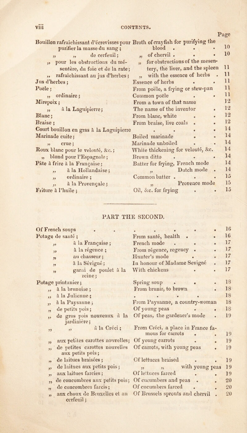 Bouillon rafraichissant d’ecrevisses pour purifier la masse du sang ; „ ,, de cerfeuil; „ pour les obstructions du me- sentere, du foie et de la rate; „ rafraichissant au jus d’herbes; Jus d’herbes; Poele; ,, ordinaire; Mirepoix; „ a la Laguipierre; Blanc; Braise ; Court bouillon en gras a la Laguipierre Marinade cuite; „ crue; Roux blanc pour le veloute, &c.; „ blond pour l’Espagnole ; Pate a frire a la Frangaise; a la Hollandaise; ordinaire ; „ a la Provengale : Fiiture i l’huile; Page » Broth of crayfish for purifying the blood of chervil . • • for obstructions of the mesen- tery, the liver, and the spleen with the essence of herbs Essence of herbs . • From poele, a frying or stew-pan Common poele . • From a town of that name The name of the inventor . From blanc, white . » From braise, live coals . . • 8 • • Boiled marinade • Marinade unboiled White thickening for veloute, &c. Brown ditto Batter for frying, French mode „ Dutch mode . Common batter . „ Provence mode Oil, &e. for frying 10 10 11 11 11 11 11 12 12 12 12 14 14 14 14 14 14 14 15 15 15 PART THE SECOND. Of French soups • • « * • 16 Potage de sante ; From sante, health . 8 16 „ a la Frangaise ; French mode 6 17 „ a la regence ; From regence, regency « ♦ 17 „ au chasseur; Hunter’s mode e • 17 „ a la Sevigne; In honour of Madame Sevigne • 17 „ garni de poulet a la With chickens 8 • 17 reine; Potage printanier; Spring soup 9 • 18 la brunoise ; From brunir, to brown • 18 >> a la Julienne ; » o * 8 18 V a la Paysanne; From Paysanne, a country-woman 18 33 de petits pois; Of young peas • • 18 33 de gros pois nouveaux a la Of peas, the gardener’s mode • 19 jardiniere; 53 „ a la Creci; From Creci, a place in France fa- mous for carrots • • 19 33 aux petites carottes nouvelles; Of young carrots a • 19 33 de petites carottes nouvelles Of carrots, with young peas • 19 aux petits pois; 33 de laitues braisees ; Of lettuces braised 9 9 19 33 de laitues aux petits pois ; „ „ with young peas 19 33 aux laitues farcies; Of lettuces farced A 0 19 33 de concombres aux petits pois; Of cucumbers and peas • • 20 33 de concombres farcis; Of cucumbers farced « • 20 33 aux choux de Bruxelles et au Of Brussels sprouts and chervil • 20 cerfeuil;