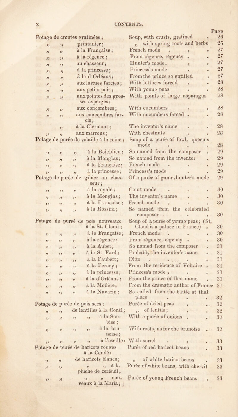 Page Potage de croutes gratinees; Soup, with crusts, gratined 26 » 33 printanier; ,, with spring roots and herbs 26 33 33 a la Franchise; French mode 27 33 33 a la regence; From regence, regency . 27 3} 33 au chasseur; Hunter’s mode. « 27 33 33 a la princesse; Princess’s mode 27 33 33 a la d’Orleans ; From the prince so entitled . 27 33 33 auxlaitues farcies; With lettuces farced » . 28 33 33 aux petits pois; With young peas . . 28 33 33 auxpointes des gros- With points of large asparagus 28 ses asperges; 33 33 aux concombres; With cucumbers 28 33 33 aux concombres far- cis; a la Clermont; With cucumbers farced . 28 33 The inventor’s name . . 28 33 33 aux marrons; With chestnuts 28 Potage de puree de volaille a la reine; Soup of a puree of fowl, queen’s mode 28 33 33 33 a la Boieldieu; So named from the composer 29 33 33 33 a la Monglas; So named from the inventor 29 33 33 33 a la Frangaise; French mode . 29 33 33 33 a la princesse ; Princess’s mode 29 Potage de puree de gibier au cbas- Of a puree of game, hunter’s mode 29 seur; 33 33 33 a la royale; Court mode 30 33 33 33 a la Monglas; The inventor’s name 30 33 33 33 a la Frangaise; French mode 30 33 >3 33 a la Rossini; So named from the celebrated composer . 30 Potage de puree de pois nouveaux Soup of a puree of young peas; (St. a la St. Cloud ; Cloud is a palace in France) . 30 33 a la Franchise; French mode . . . 30 33 V a la regence; From regence, regency . 30 33 a la Auberj So named from the composer 31 33 a la St. Fard ; Probably the inventor’s name 31 33 a la Faubert; Ditto . . . 31 33 V a la Ferney; From the residence of Voltaire . 31 33 a la princesse; Princess’s mode . 31 33 a la d’Orleans; From the prince of that name 31 33 a la Moliere; From the dramatic author of France 31 33 ala Navarin; So called from the battle at that place 32 Potage de puree de pois secs; Puree of dried peas 32 33 33 de lentilles a la Conti; „ of lentils ; % 32 33 33 yy a la Sou** With a puree of onions . 32 bise ; 33 33 „ ii la bru- With roots, as for the brunoise . 32 noise; 33 33 „ a l’oseille: With sorrel 33 Potage de puree de haricots rouges Puree of red haricot beans 33 a la Conde; 33 33 de haricots blancs; „ of white haricot beans 33 33 33 33 33 ^ pluche de cerfeuil; Puree of white beans, with chervil 33 33 33 « 33 nou- Puree of young French beans 33 veaux a la Maria;