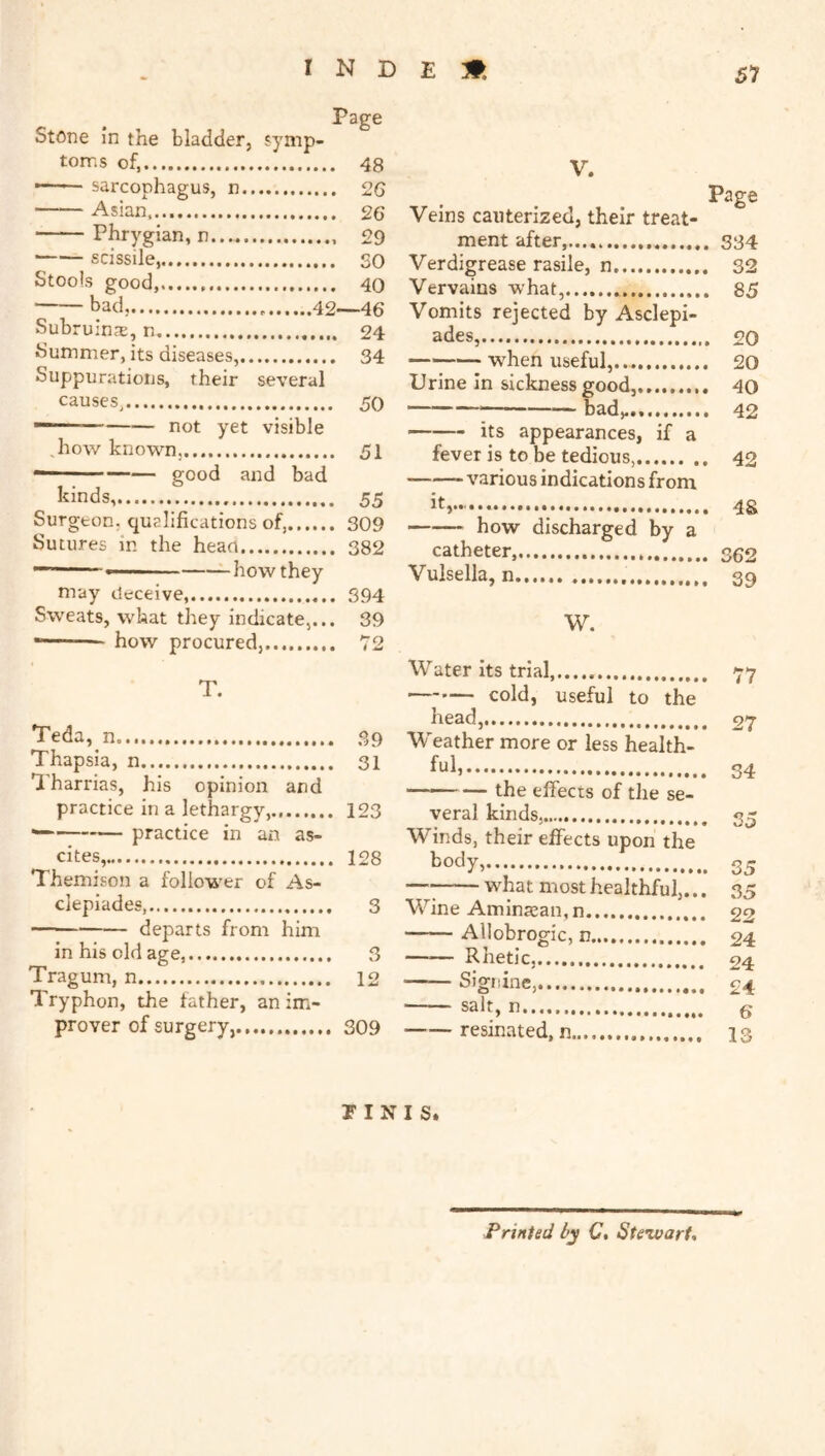 I N D E 51 Stone in the bladder, symp- toms of, 48 •— sarcophagus, n 2G Asian 2C Phrygian, n 29 scissile, SO Stools good, 40 bad, 42—46 Subruin.'E, n 24 Summer, its diseases, 34 Suppurations, their several causes, 50 not yet visible Jiow known, 51 good and bad kinds, 55 Surgeon, qualifications of, 309 Sutures in the head 382 ' ■ ^how they may deceive, 394 Sweats, what they indicate,... 39 *— - how procured, 72 T. Teda, n .39 Thapsia, n 31 I’karrias, his opinion and practice in a lethargy, 123 — practice in an as- cites, 128 Themison a follower of As- clepiades, 3 departs from him in his old age, 3 Tragum, n 12 Tryphon, the father, an im- prover of surgery, 309 V. Veins cauterized, their treat- ment after, 334 Verdigrease rasile, n 32 Vervains what, 85 Vomits rejected by Asclepi- ades, 20 w^hen useful, 20 Urine In sickness good, 40 bad,. 42 its appearances, if a fever is to be tedious, 42 various indications from itv- 48 —-— how discharged by a catheter, 352 Vulsella, n 39 W. Water Its trial, yy cold, useful to the head, 27 Weather more or less health- 34 the effects of the se- veral kinds. 35 Winds, their effects upon the tody, 35 —; what most healthful,... 35 Wine Aminaean.n 22 Allobrogic, n 24 Rhetic, 24 Signine, ^4 salt, n g resinated, n 13 r INI s. Printed l>y C, Stewart,